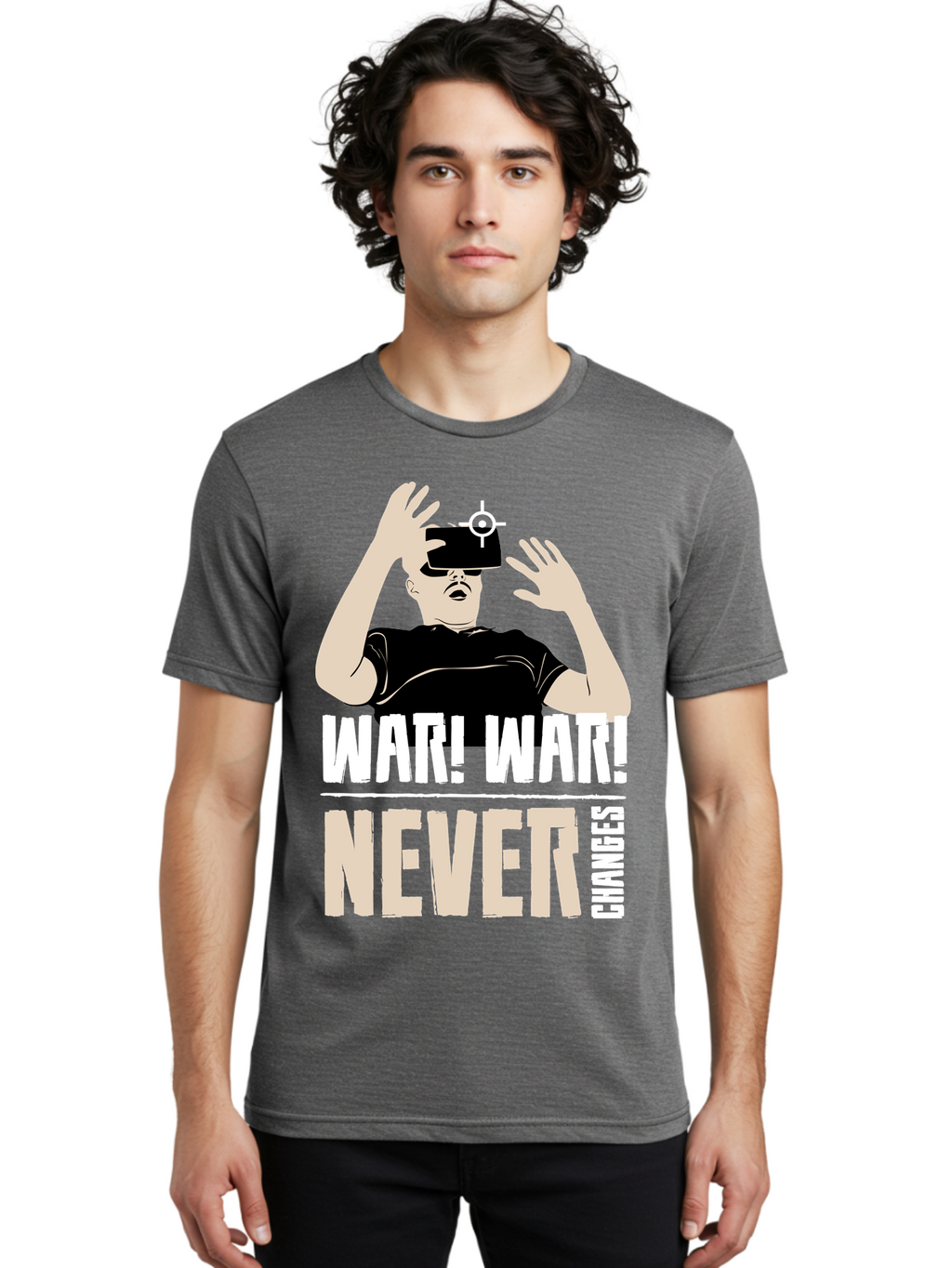War-War-Never-Changes Men'S Graphic Tee, 100% Cotton, Comfortable Casual Summer Wear, Machine Washable, Man Wearing Vr Headset, Futuristic Technology, Gaming Experience, Immersive Reality, Bold Typography, Contrasting Colors, -  Aaa666