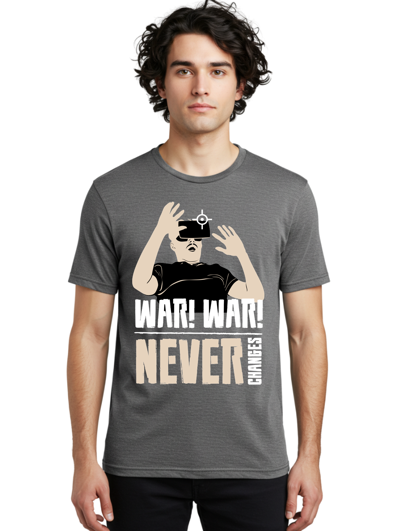War-War-Never-Changes Men'S Graphic Tee, 100% Cotton, Comfortable Casual Summer Wear, Machine Washable, Man Wearing Vr Headset, Futuristic Technology, Gaming Experience, Immersive Reality, Bold Typography, Contrasting Colors, -  Aaa666
