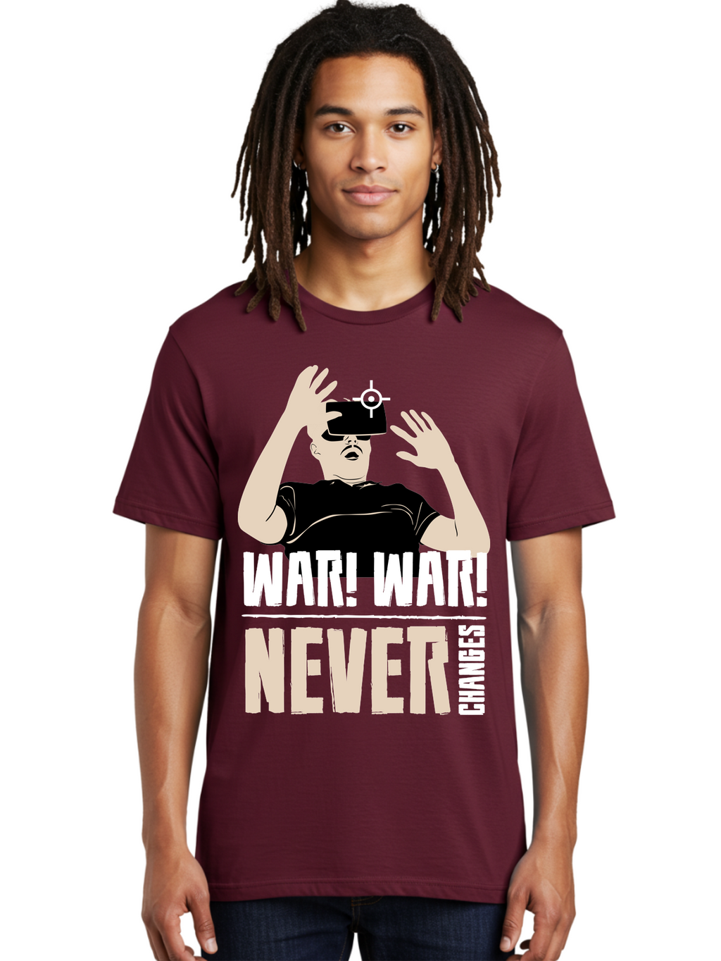 War-War-Never-Changes Men'S Graphic Tee, 100% Cotton, Comfortable Casual Summer Wear, Machine Washable, Man Wearing Vr Headset, Futuristic Technology, Gaming Experience, Immersive Reality, Bold Typography, Contrasting Colors, -  Aaa666