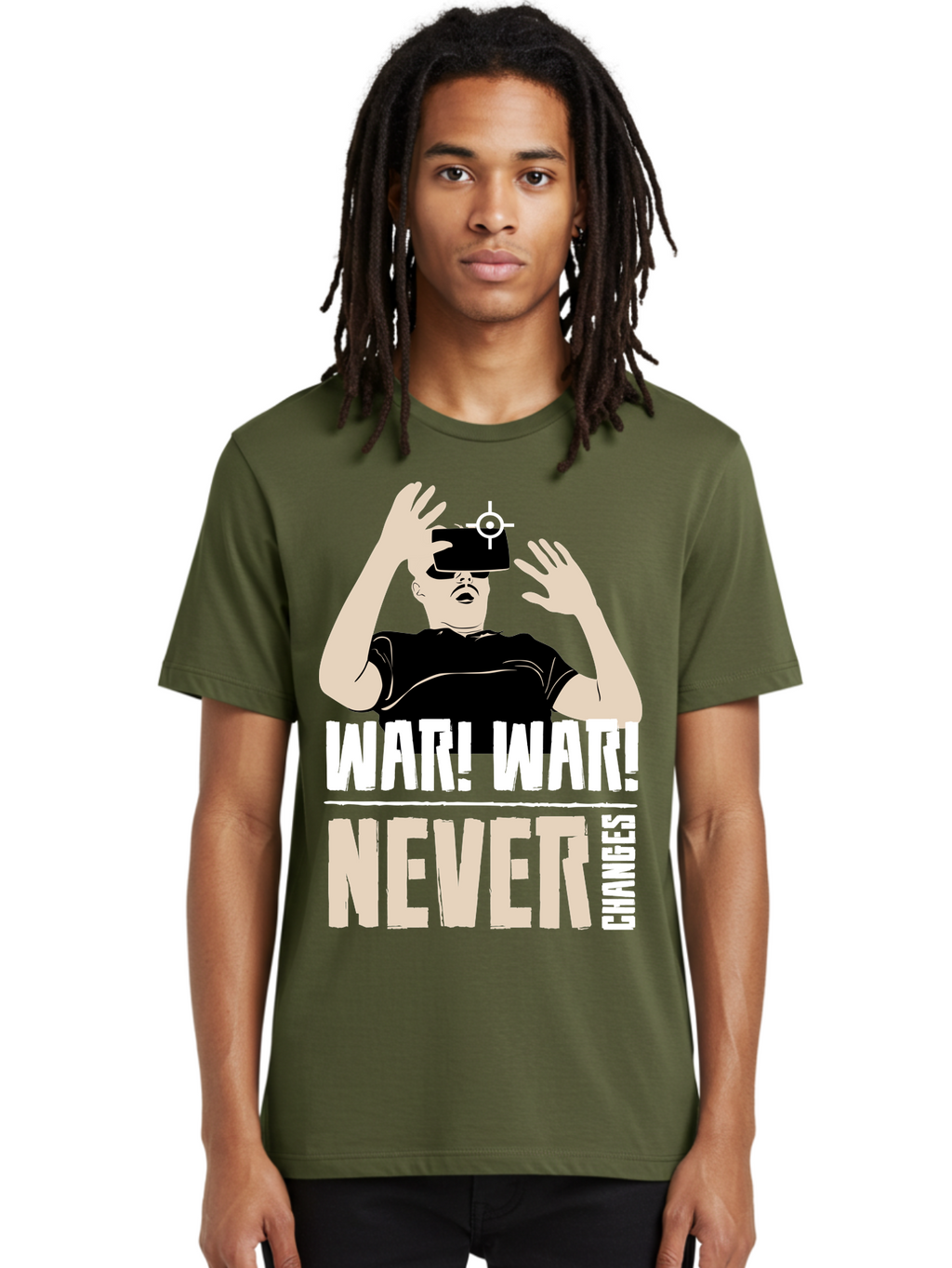 War-War-Never-Changes Men'S Graphic Tee, 100% Cotton, Comfortable Casual Summer Wear, Machine Washable, Man Wearing Vr Headset, Futuristic Technology, Gaming Experience, Immersive Reality, Bold Typography, Contrasting Colors, -  Aaa666