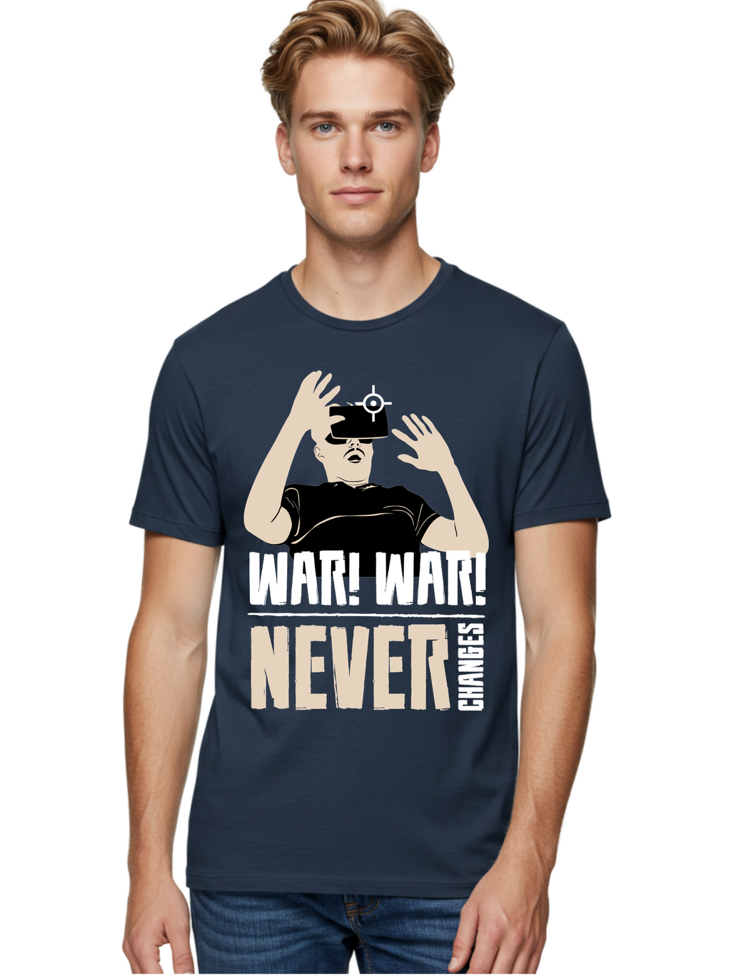 War-War-Never-Changes Men'S Graphic Tee, 100% Cotton, Comfortable Casual Summer Wear, Machine Washable, Man Wearing Vr Headset, Futuristic Technology, Gaming Experience, Immersive Reality, Bold Typography, Contrasting Colors, -  Aaa666