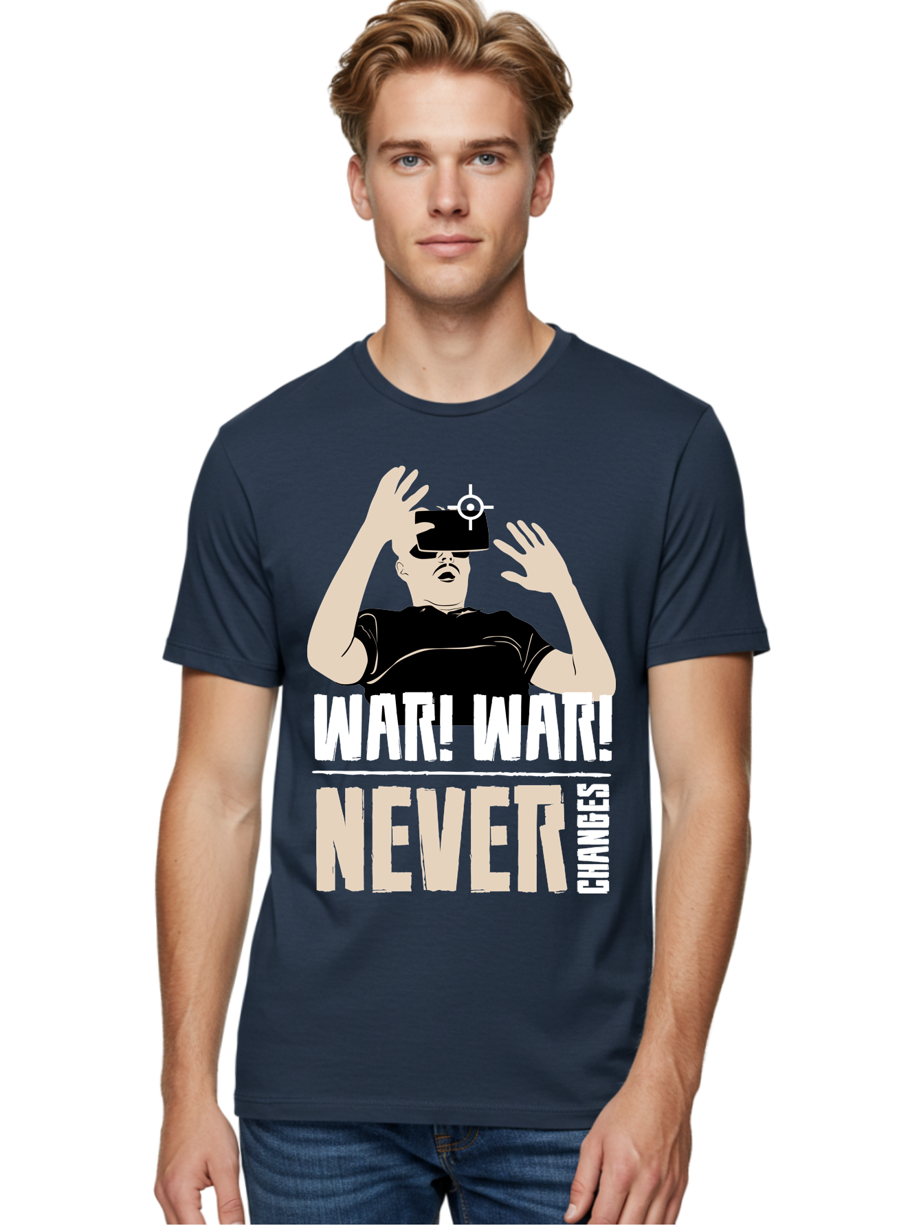 War-War-Never-Changes Men'S Graphic Tee, 100% Cotton, Comfortable Casual Summer Wear, Machine Washable, Man Wearing Vr Headset, Futuristic Technology, Gaming Experience, Immersive Reality, Bold Typography, Contrasting Colors, -  Aaa666