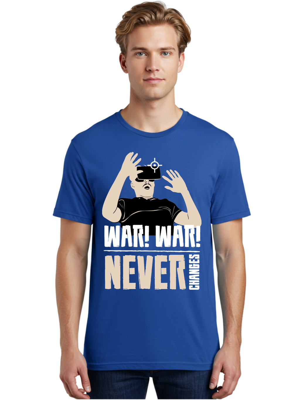 War-War-Never-Changes Men'S Graphic Tee, 100% Cotton, Comfortable Casual Summer Wear, Machine Washable, Man Wearing Vr Headset, Futuristic Technology, Gaming Experience, Immersive Reality, Bold Typography, Contrasting Colors, -  Aaa666