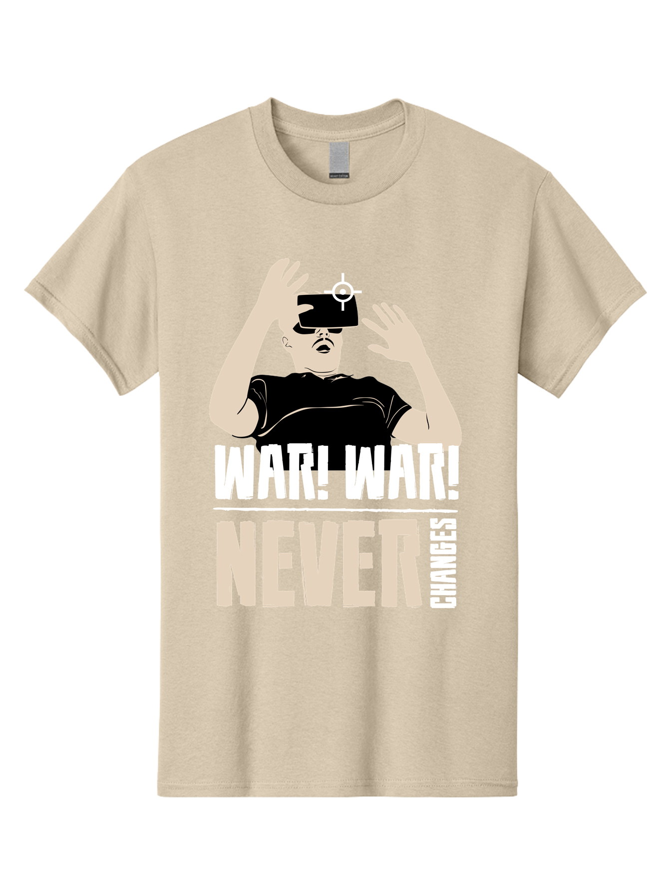 War-War-Never-Changes Men'S Graphic Tee, 100% Cotton, Comfortable Casual Summer Wear, Machine Washable, Man Wearing Vr Headset, Futuristic Technology, Gaming Experience, Immersive Reality, Bold Typography, Contrasting Colors, -  Aaa666