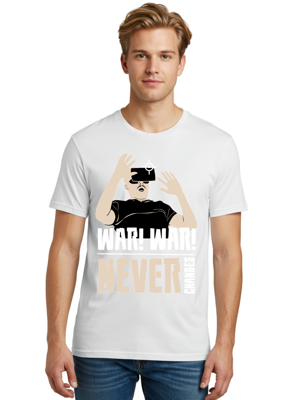 War-War-Never-Changes Men'S Graphic Tee, 100% Cotton, Comfortable Casual Summer Wear, Machine Washable, Man Wearing Vr Headset, Futuristic Technology, Gaming Experience, Immersive Reality, Bold Typography, Contrasting Colors, -  Aaa666