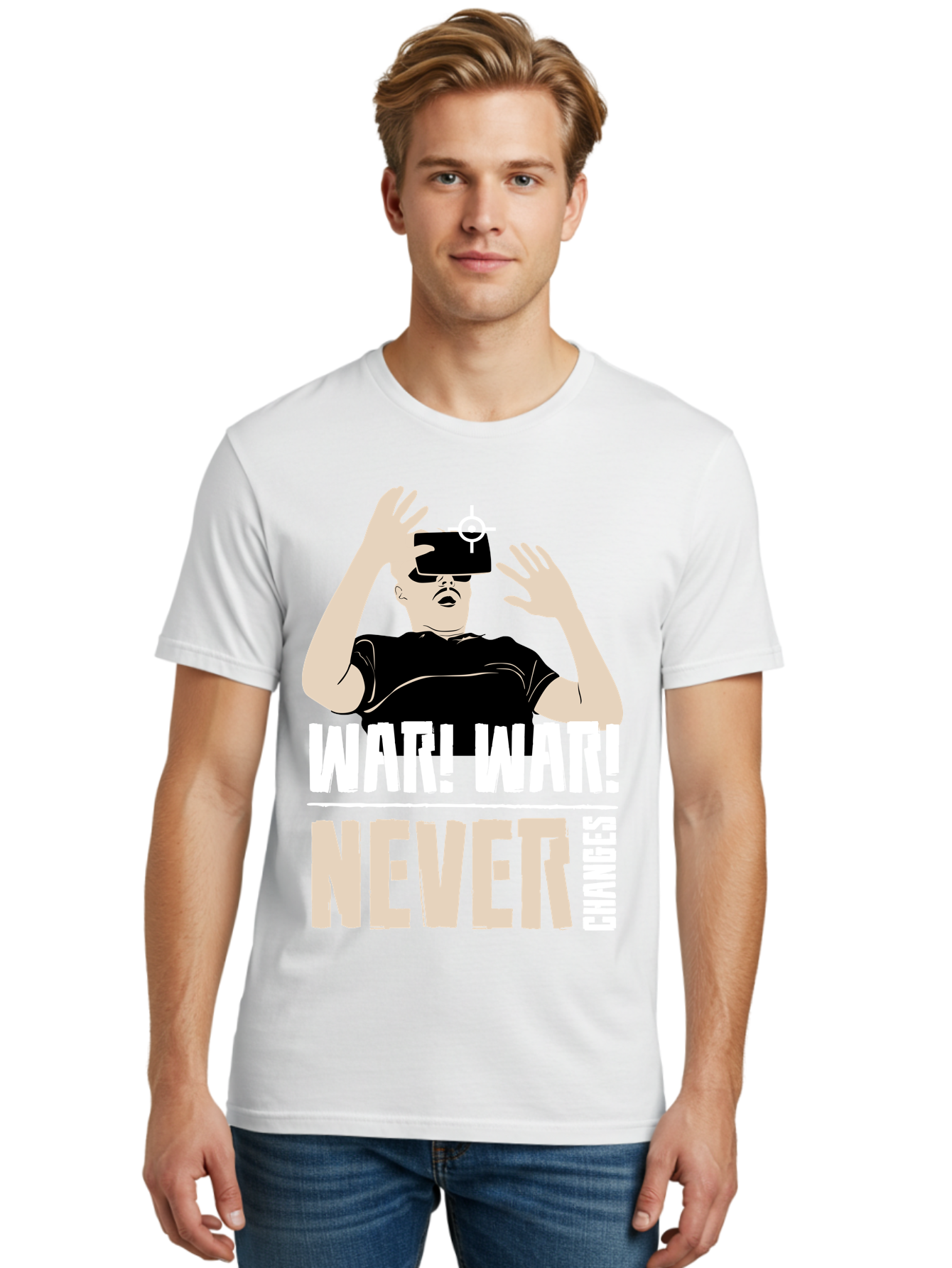 War-War-Never-Changes Men'S Graphic Tee, 100% Cotton, Comfortable Casual Summer Wear, Machine Washable, Man Wearing Vr Headset, Futuristic Technology, Gaming Experience, Immersive Reality, Bold Typography, Contrasting Colors, -  Aaa666