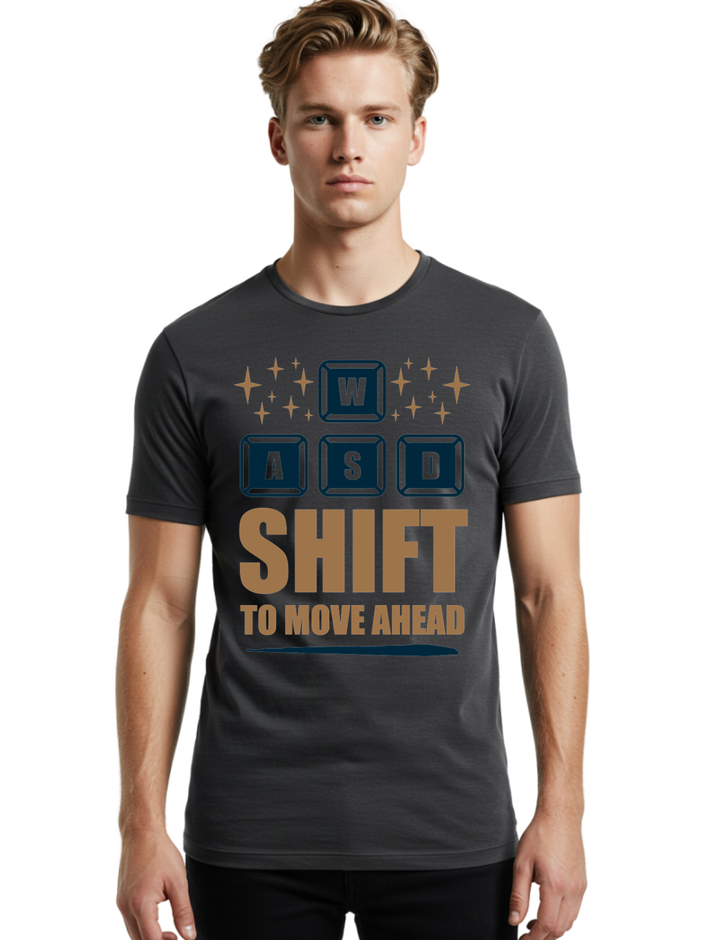 Wasd-Shift-To-Move-Ahead Men'S Graphic Tee, 100% Cotton, Comfortable Casual Summer Wear, Machine Washable, Gaming Keyboard Controls, Wasd Keys, Shift Key, Gaming Tips, Move Ahead, Progress, Gaming Movement, Keyboard Shortcuts, Gaming Advice -  Aaa667