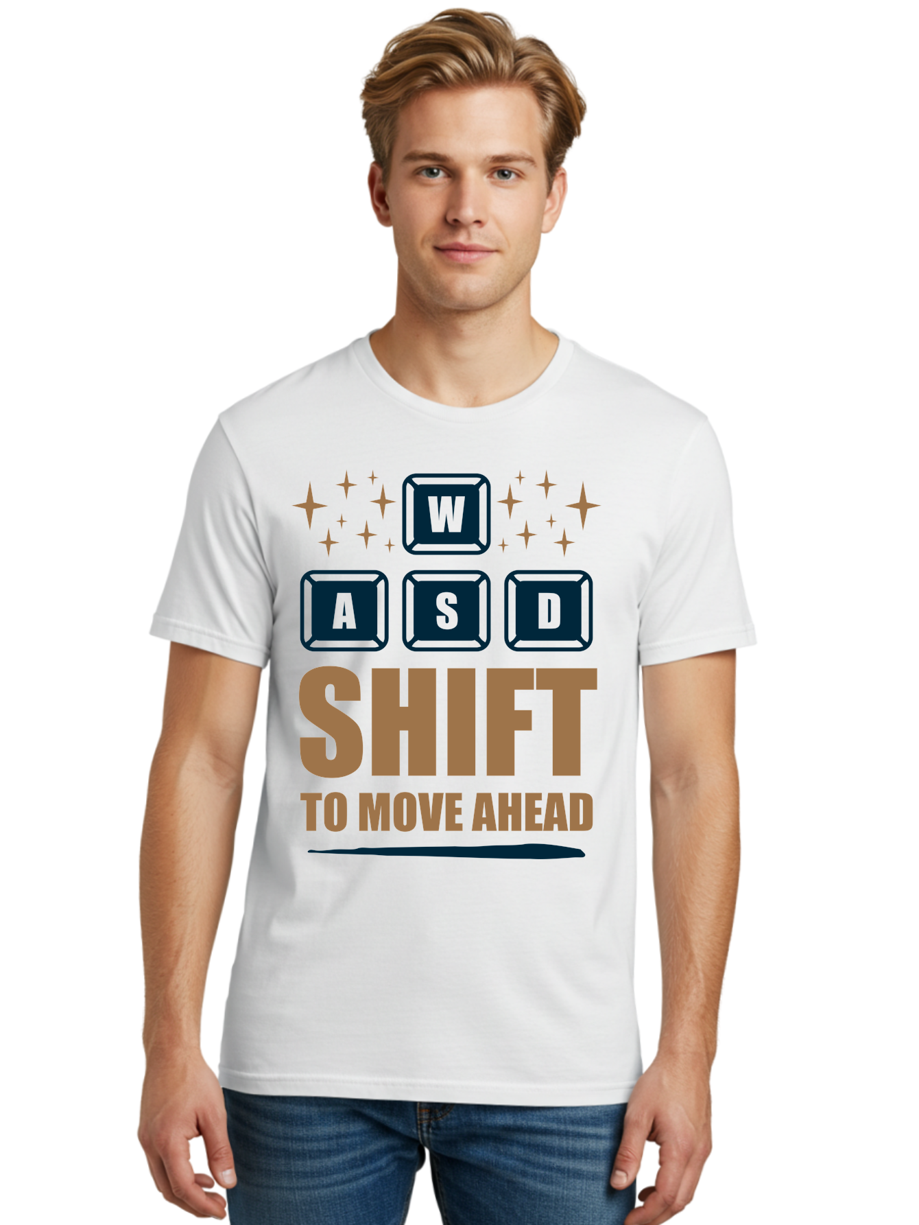 Wasd-Shift-To-Move-Ahead Men'S Graphic Tee, 100% Cotton, Comfortable Casual Summer Wear, Machine Washable, Gaming Keyboard Controls, Wasd Keys, Shift Key, Gaming Tips, Move Ahead, Progress, Gaming Movement, Keyboard Shortcuts, Gaming Advice -  Aaa667