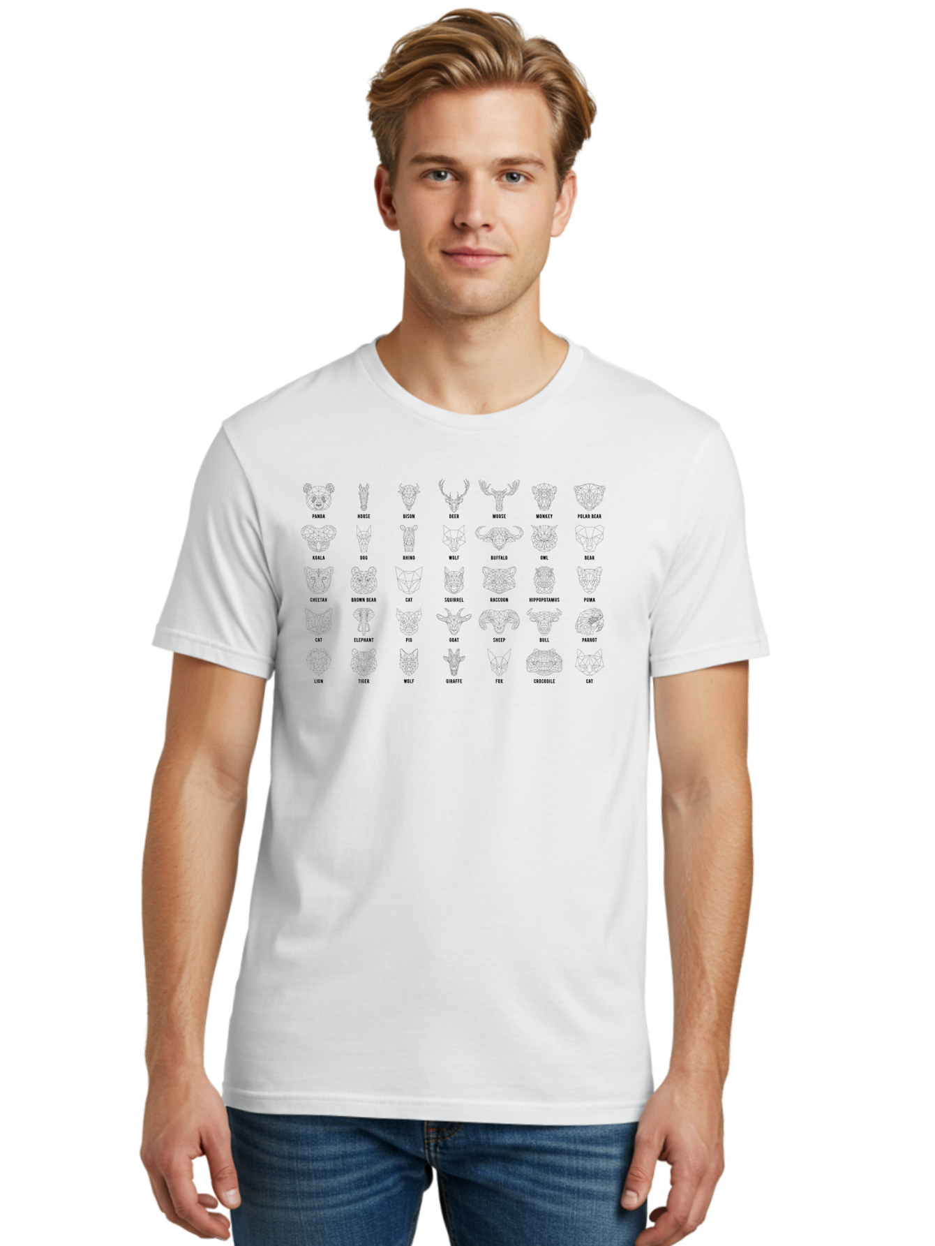 Animal-Silhouettes Men'S Graphic Tee, 100% Cotton, Comfortable Casual Summer Wear, Machine Washable, Animal Heads, Wildlife Illustrations, Mammal Faces, Fauna Silhouettes, Animal Profiles, Zoological Graphics, Wildlife Art, Animal Designs, -  Aaa669