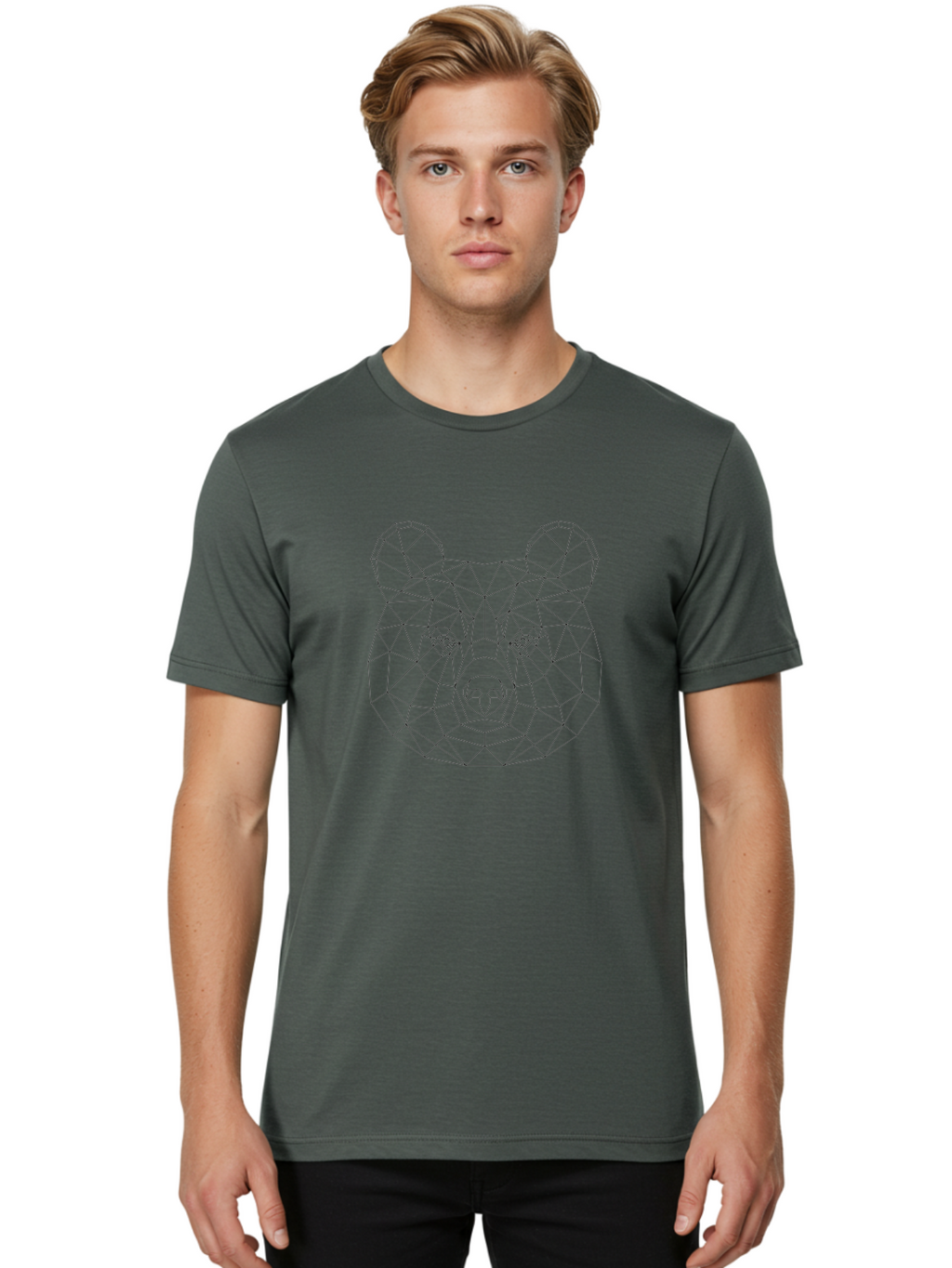 Bear-Head Men'S Graphic Tee, 100% Cotton, Comfortable Casual Summer Wear, Machine Washable, Geometric Bear, Low-Poly Art, Wireframe Design, Animal Graphics, Modern Illustration, Futuristic Style, Minimalist Art, Digital Graphics -  Aaa670
