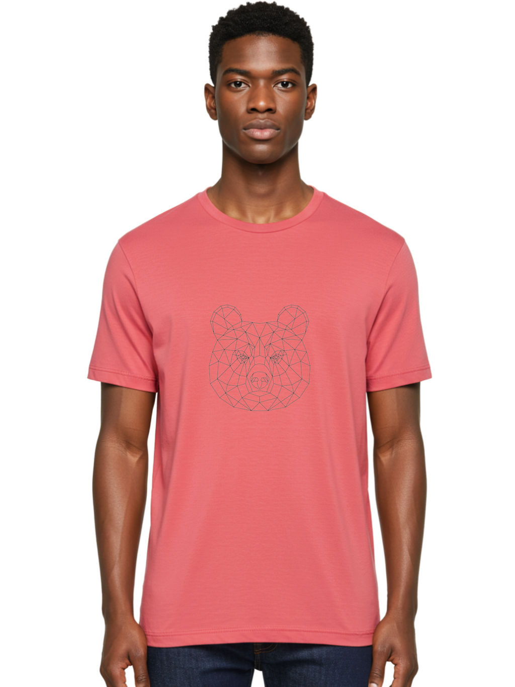 Bear-Head Men'S Graphic Tee, 100% Cotton, Comfortable Casual Summer Wear, Machine Washable, Geometric Bear, Low-Poly Art, Wireframe Design, Animal Graphics, Modern Illustration, Futuristic Style, Minimalist Art, Digital Graphics -  Aaa670