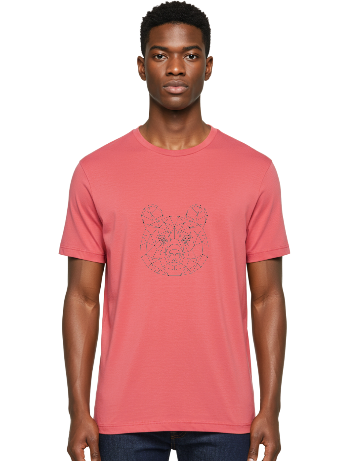 Bear-Head Men'S Graphic Tee, 100% Cotton, Comfortable Casual Summer Wear, Machine Washable, Geometric Bear, Low-Poly Art, Wireframe Design, Animal Graphics, Modern Illustration, Futuristic Style, Minimalist Art, Digital Graphics -  Aaa670