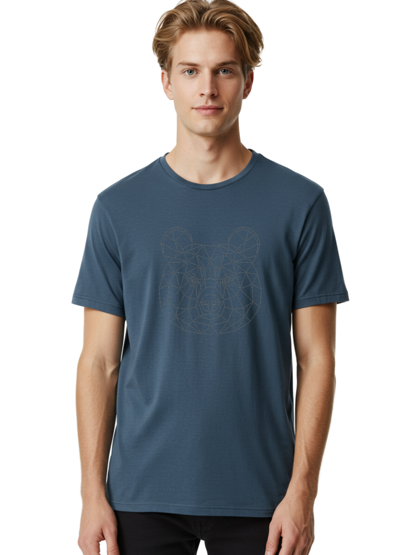 Bear-Head Men'S Graphic Tee, 100% Cotton, Comfortable Casual Summer Wear, Machine Washable, Geometric Bear, Low-Poly Art, Wireframe Design, Animal Graphics, Modern Illustration, Futuristic Style, Minimalist Art, Digital Graphics -  Aaa670