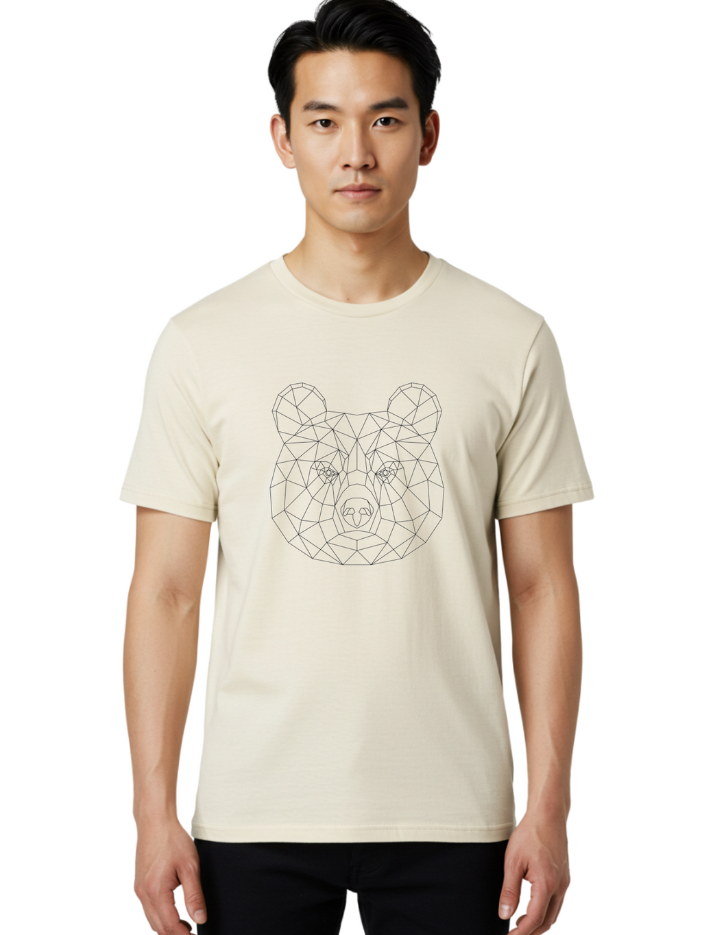Bear-Head Men'S Graphic Tee, 100% Cotton, Comfortable Casual Summer Wear, Machine Washable, Geometric Bear, Low-Poly Art, Wireframe Design, Animal Graphics, Modern Illustration, Futuristic Style, Minimalist Art, Digital Graphics -  Aaa670