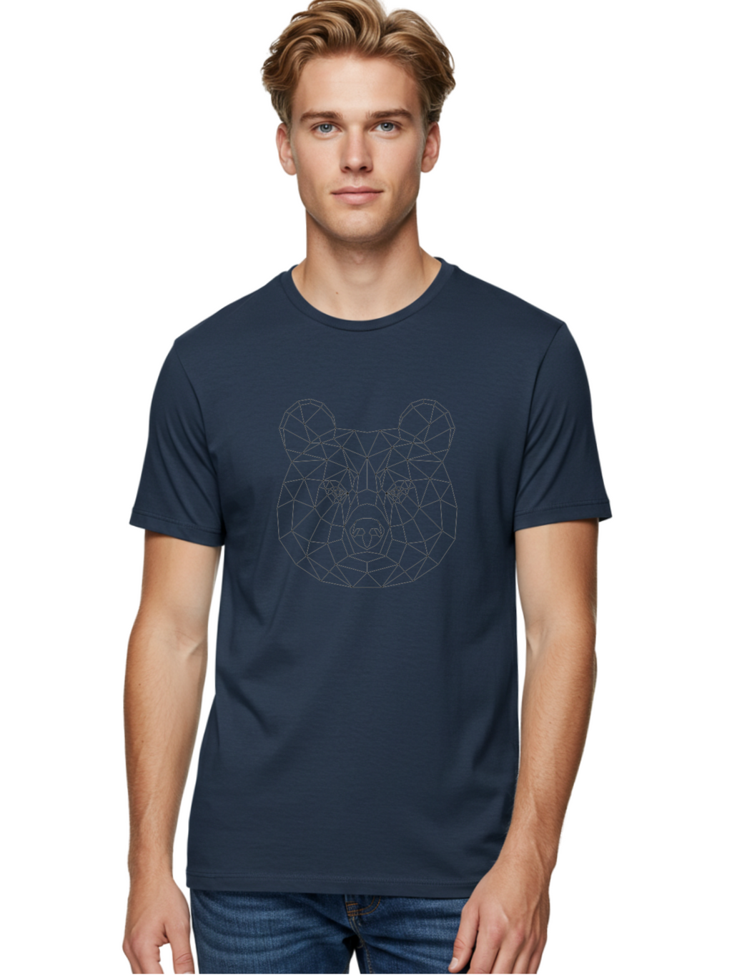 Bear-Head Men'S Graphic Tee, 100% Cotton, Comfortable Casual Summer Wear, Machine Washable, Geometric Bear, Low-Poly Art, Wireframe Design, Animal Graphics, Modern Illustration, Futuristic Style, Minimalist Art, Digital Graphics -  Aaa670