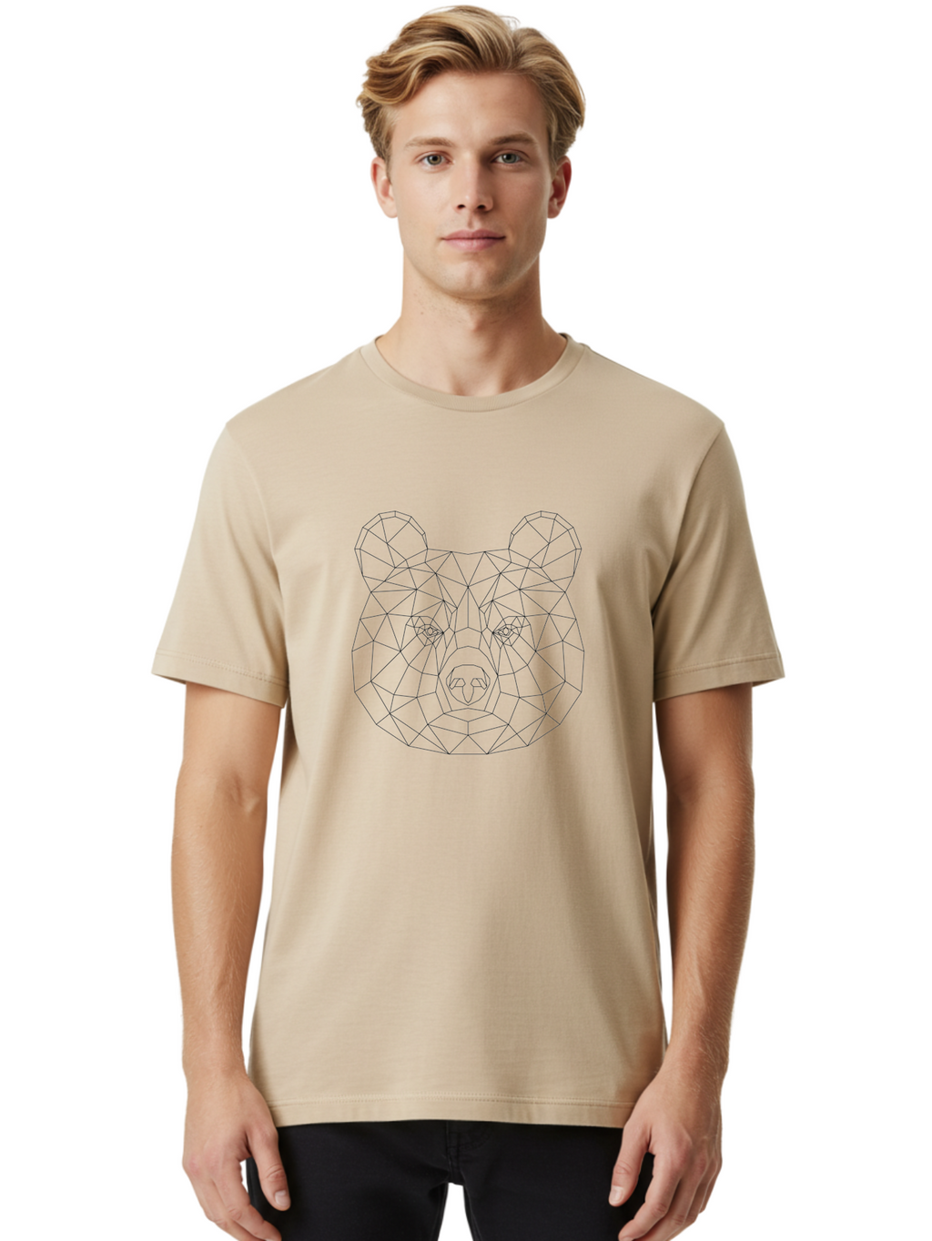 Bear-Head Men'S Graphic Tee, 100% Cotton, Comfortable Casual Summer Wear, Machine Washable, Geometric Bear, Low-Poly Art, Wireframe Design, Animal Graphics, Modern Illustration, Futuristic Style, Minimalist Art, Digital Graphics -  Aaa670