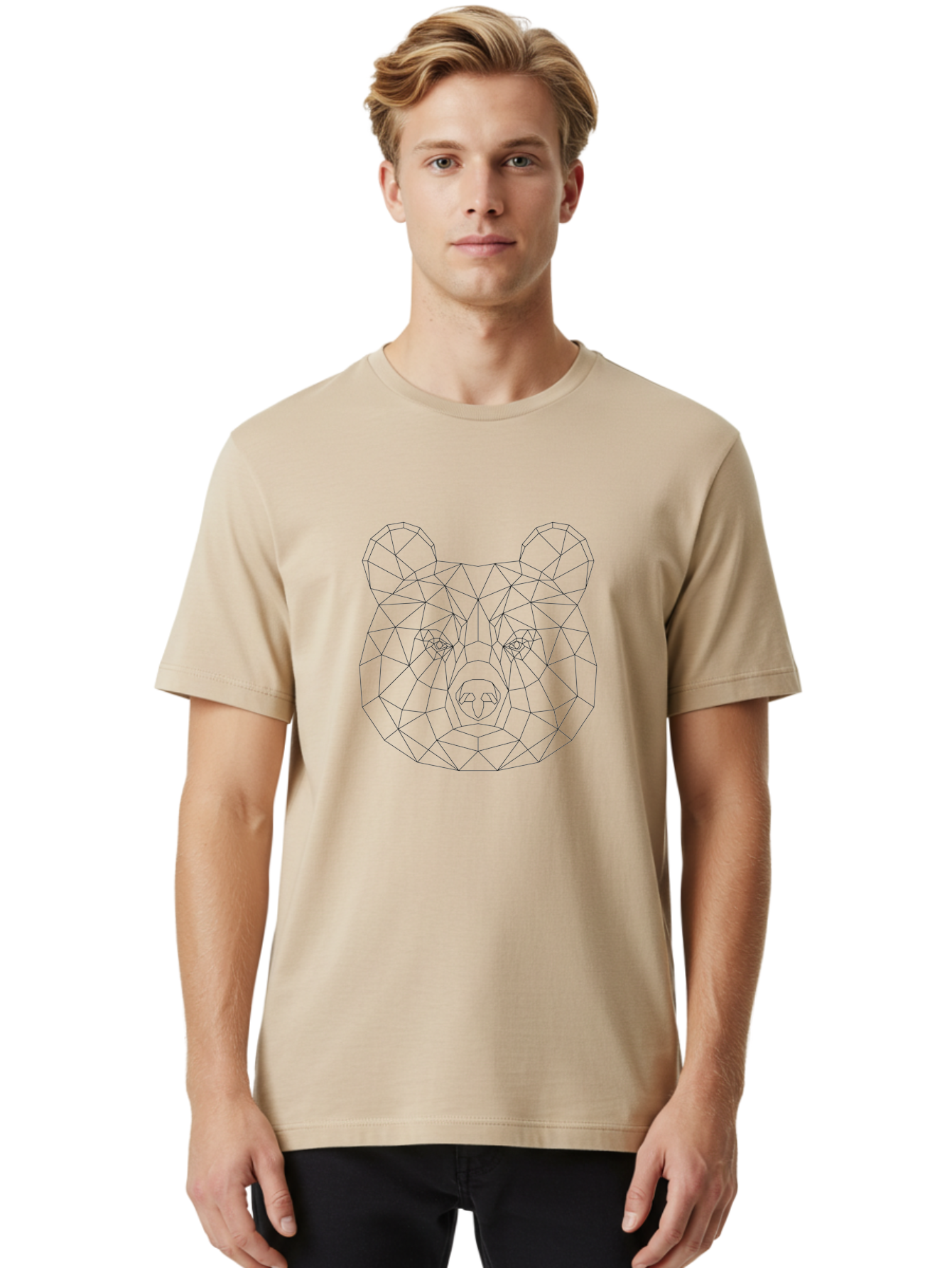 Bear-Head Men'S Graphic Tee, 100% Cotton, Comfortable Casual Summer Wear, Machine Washable, Geometric Bear, Low-Poly Art, Wireframe Design, Animal Graphics, Modern Illustration, Futuristic Style, Minimalist Art, Digital Graphics -  Aaa670