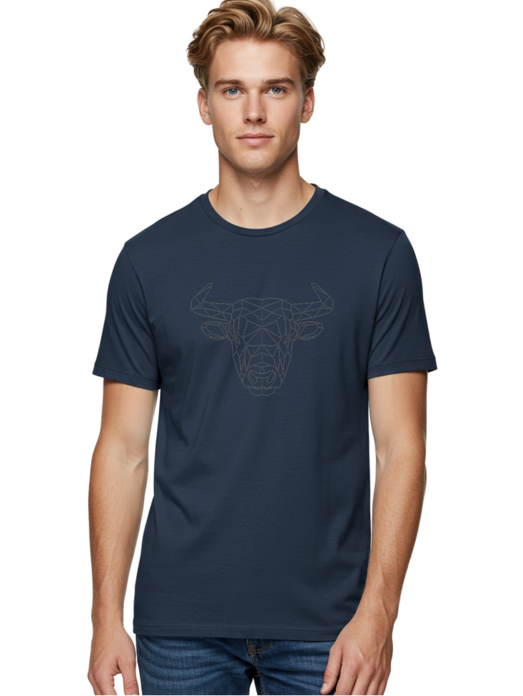 Bull-Head-1 Men'S Graphic Tee, 100% Cotton, Comfortable Casual Summer Wear, Machine Washable, Geometric Bull Head, Wireframe Art, Low Poly Design, Abstract Animal, Modern Minimalist, Futuristic Style, Bull Silhouette, Angular Shapes, -  Aaa671
