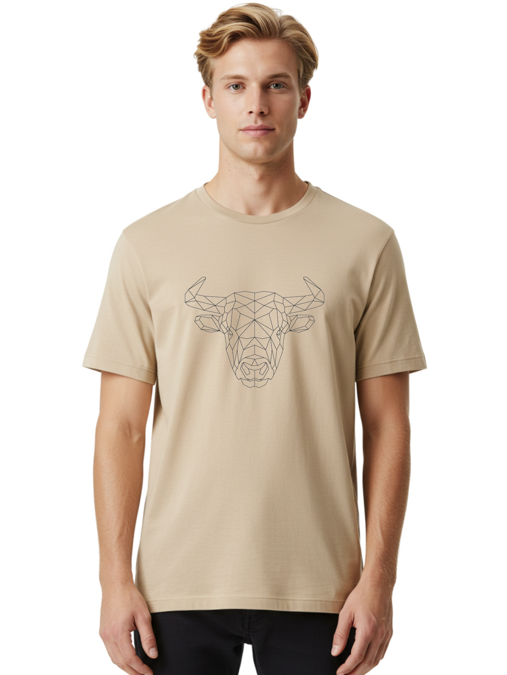 Bull-Head-1 Men'S Graphic Tee, 100% Cotton, Comfortable Casual Summer Wear, Machine Washable, Geometric Bull Head, Wireframe Art, Low Poly Design, Abstract Animal, Modern Minimalist, Futuristic Style, Bull Silhouette, Angular Shapes, -  Aaa671