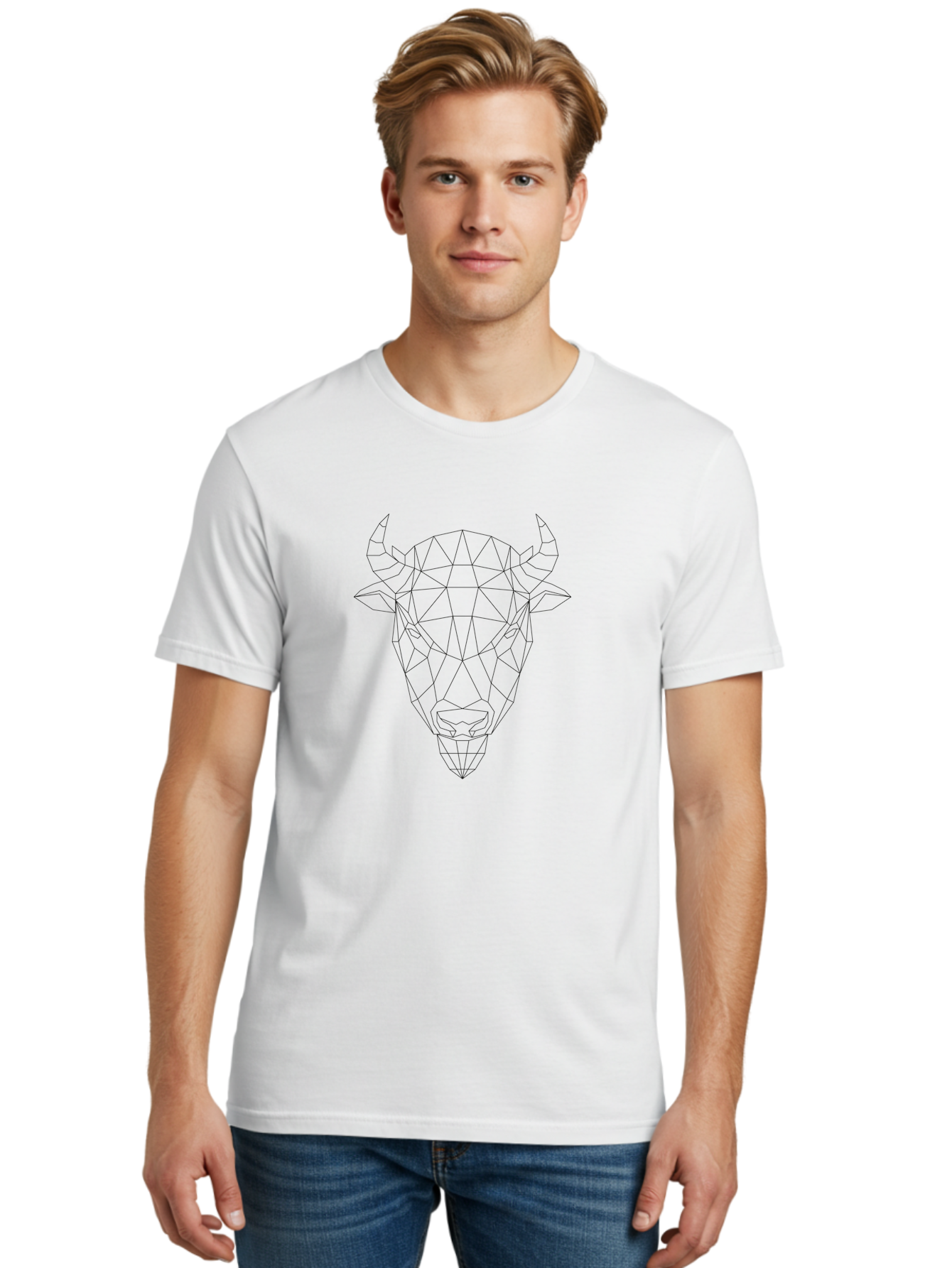 Bull-Head-Geometric Men'S Graphic Tee, 100% Cotton, Comfortable Casual Summer Wear, Machine Washable, Geometric Bull Head, Low Poly Art, Modern Design, Abstract Animal, Minimalist Style, Sharp Lines, Angular Shapes -  Aaa674