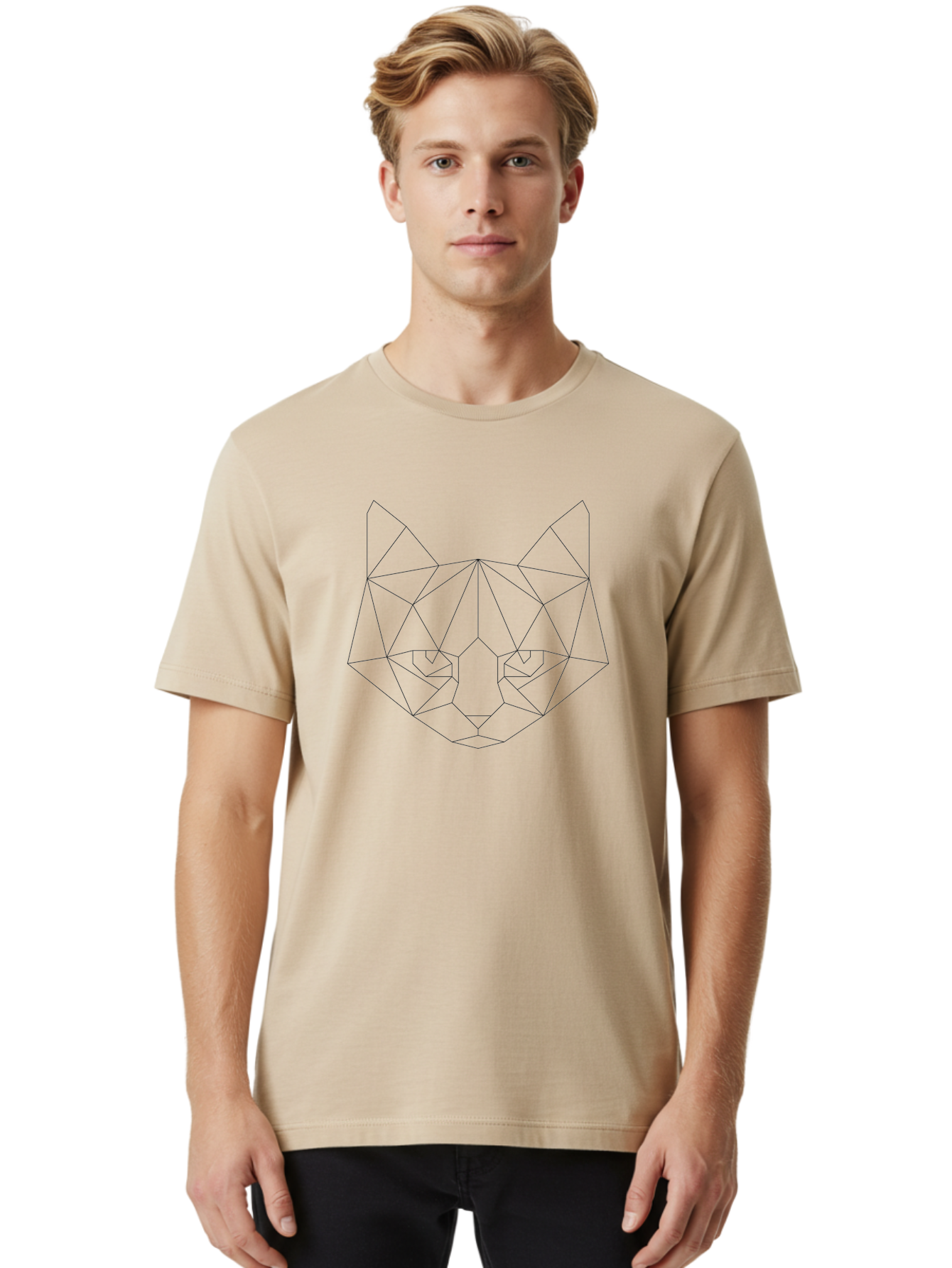 Cat-Face Men'S Graphic Tee, 100% Cotton, Comfortable Casual Summer Wear, Machine Washable, Geometric Cat Face, Low Poly Art, Minimalist Design, Cat Eyes, Feline Features, Abstract Illustration, Modern Graphics, Digital Art -  Aaa676