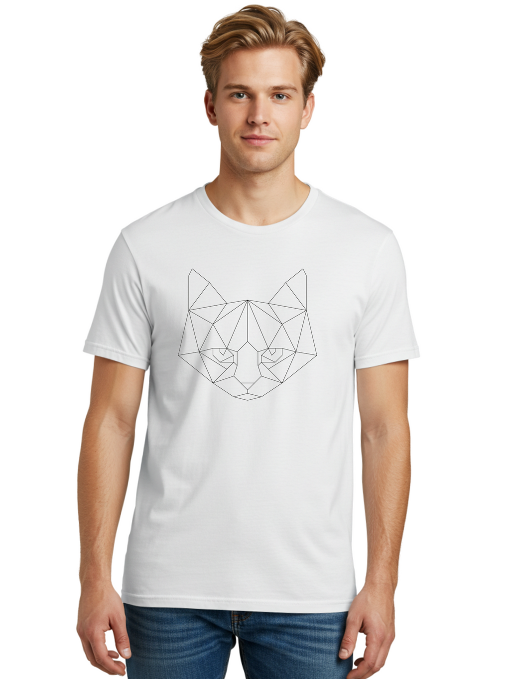 Cat-Face Men'S Graphic Tee, 100% Cotton, Comfortable Casual Summer Wear, Machine Washable, Geometric Cat Face, Low Poly Art, Minimalist Design, Cat Eyes, Feline Features, Abstract Illustration, Modern Graphics, Digital Art -  Aaa676
