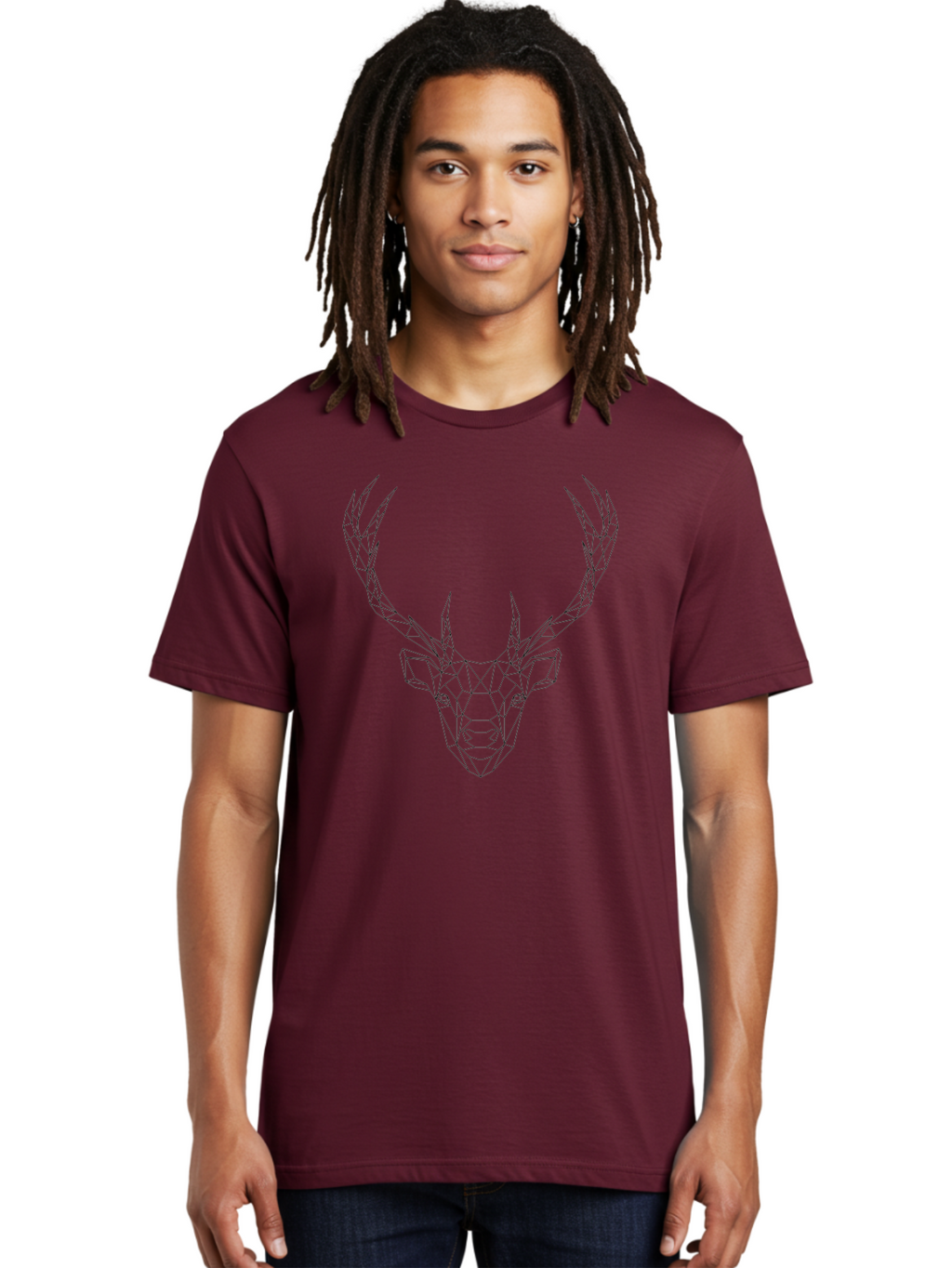 Deer-Head Men'S Graphic Tee, 100% Cotton, Comfortable Casual Summer Wear, Machine Washable, Geometric Deer Head, Wireframe Art, Low Poly Design, Minimalist Style, Abstract Animal, Modern Illustration, Deer Silhouette, Polygonal Art, -  Aaa677