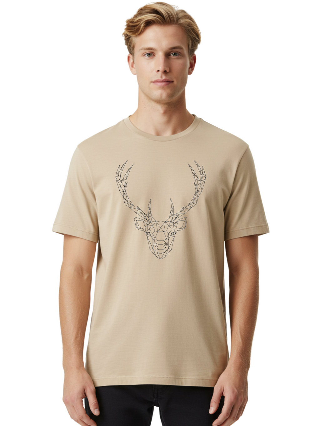 Deer-Head Men'S Graphic Tee, 100% Cotton, Comfortable Casual Summer Wear, Machine Washable, Geometric Deer Head, Wireframe Art, Low Poly Design, Minimalist Style, Abstract Animal, Modern Illustration, Deer Silhouette, Polygonal Art, -  Aaa677