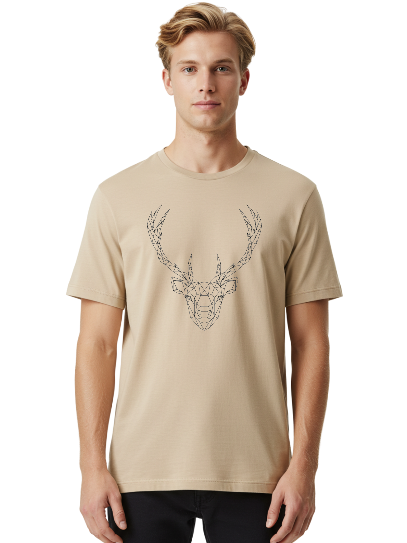 Deer-Head Men'S Graphic Tee, 100% Cotton, Comfortable Casual Summer Wear, Machine Washable, Geometric Deer Head, Wireframe Art, Low Poly Design, Minimalist Style, Abstract Animal, Modern Illustration, Deer Silhouette, Polygonal Art, -  Aaa677