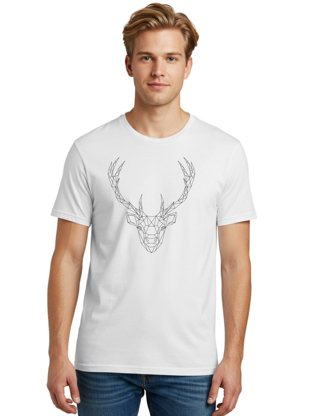 Deer-Head Men'S Graphic Tee, 100% Cotton, Comfortable Casual Summer Wear, Machine Washable, Geometric Deer Head, Wireframe Art, Low Poly Design, Minimalist Style, Abstract Animal, Modern Illustration, Deer Silhouette, Polygonal Art, -  Aaa677