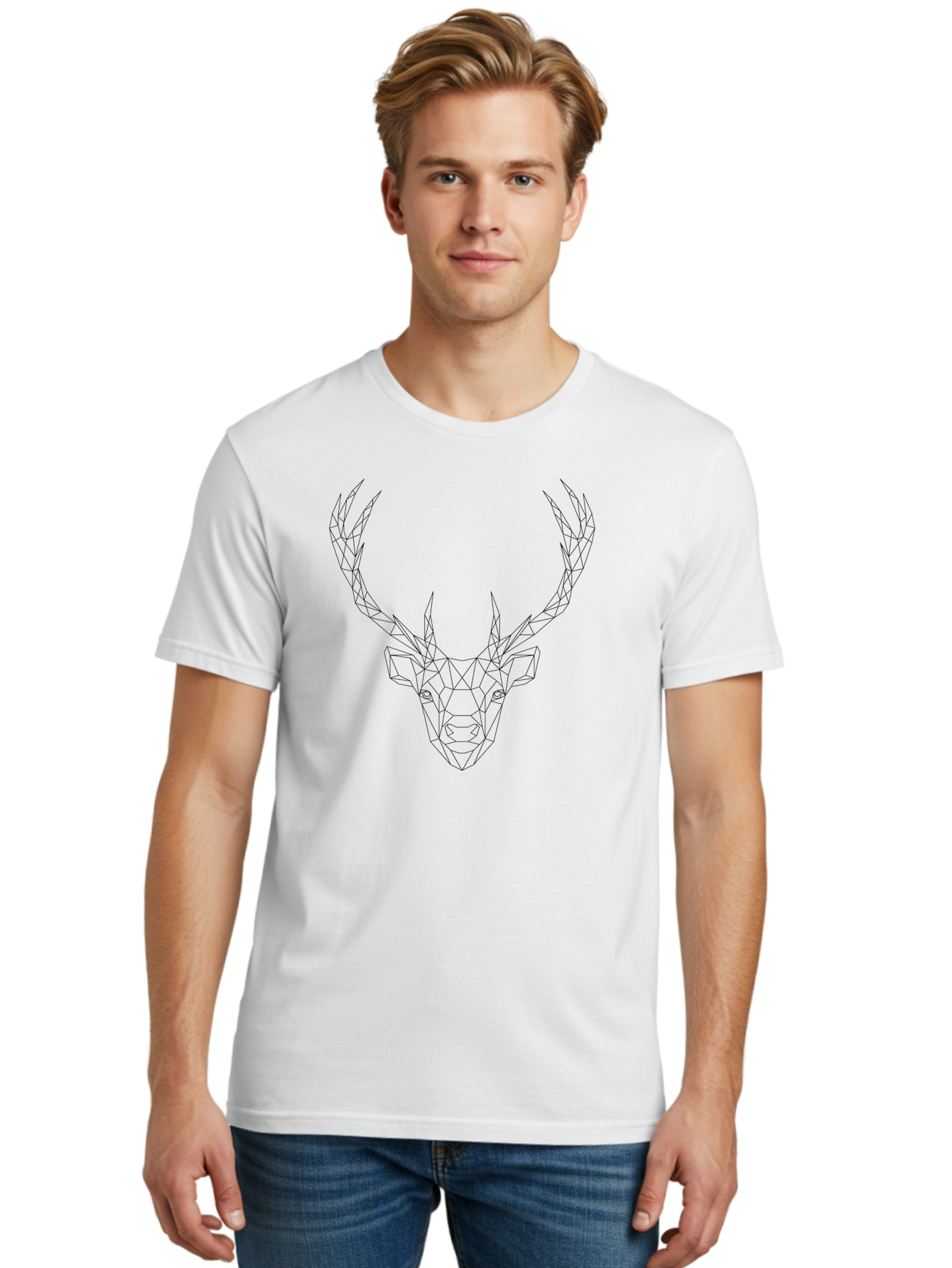 Deer-Head Men'S Graphic Tee, 100% Cotton, Comfortable Casual Summer Wear, Machine Washable, Geometric Deer Head, Wireframe Art, Low Poly Design, Minimalist Style, Abstract Animal, Modern Illustration, Deer Silhouette, Polygonal Art, -  Aaa677