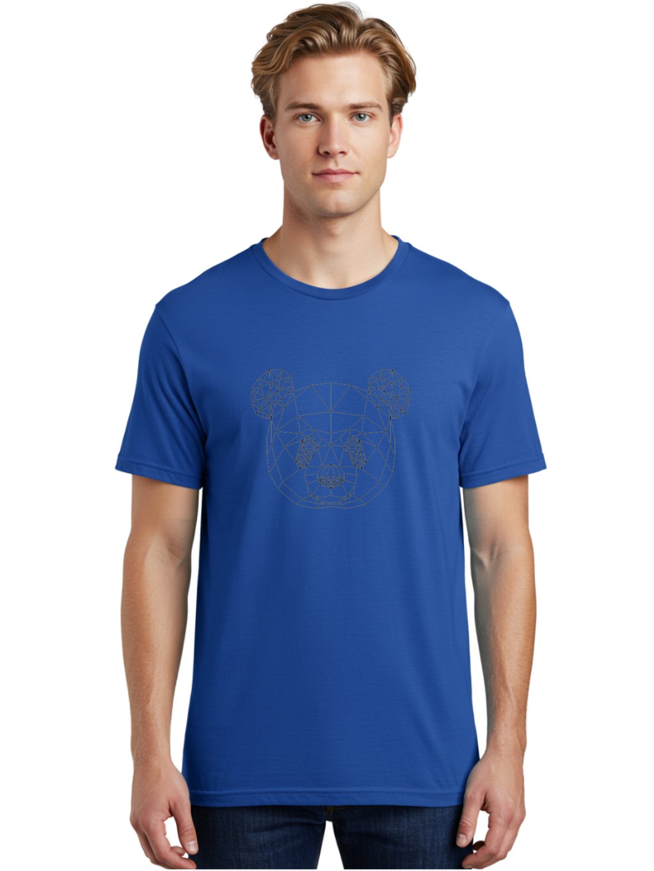 Geometric-Bear-Face Men'S Graphic Tee, 100% Cotton, Comfortable Casual Summer Wear, Machine Washable, Low Poly Bear, Geometric Art, Modern Design, Wireframe Style, Abstract Animal, Digital Illustration, Futuristic Graphics, -  Aaa680