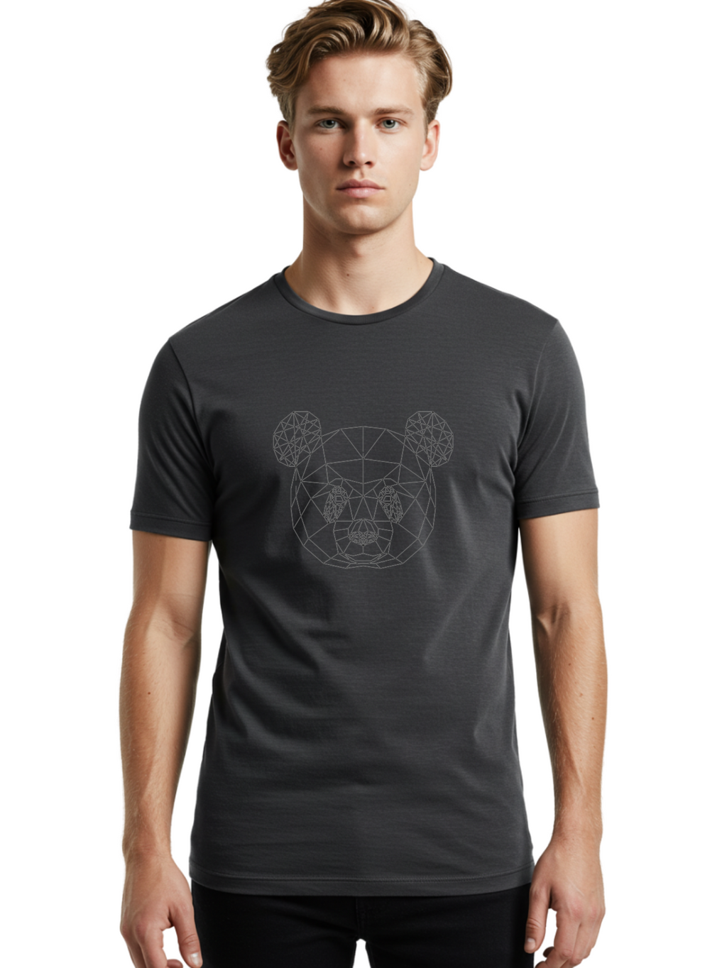 Geometric-Bear-Head-3 Men'S Graphic Tee, 100% Cotton, Comfortable Casual Summer Wear, Machine Washable, Geometric Bear Head, Wireframe Design, Low Poly Art, Modern Animal Illustration, Minimalist Style, Black Lines, Polygonal Shape, -  Aaa683