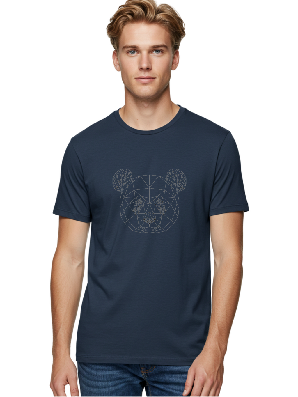 Geometric-Bear-Head-3 Men'S Graphic Tee, 100% Cotton, Comfortable Casual Summer Wear, Machine Washable, Geometric Bear Head, Wireframe Design, Low Poly Art, Modern Animal Illustration, Minimalist Style, Black Lines, Polygonal Shape, -  Aaa683
