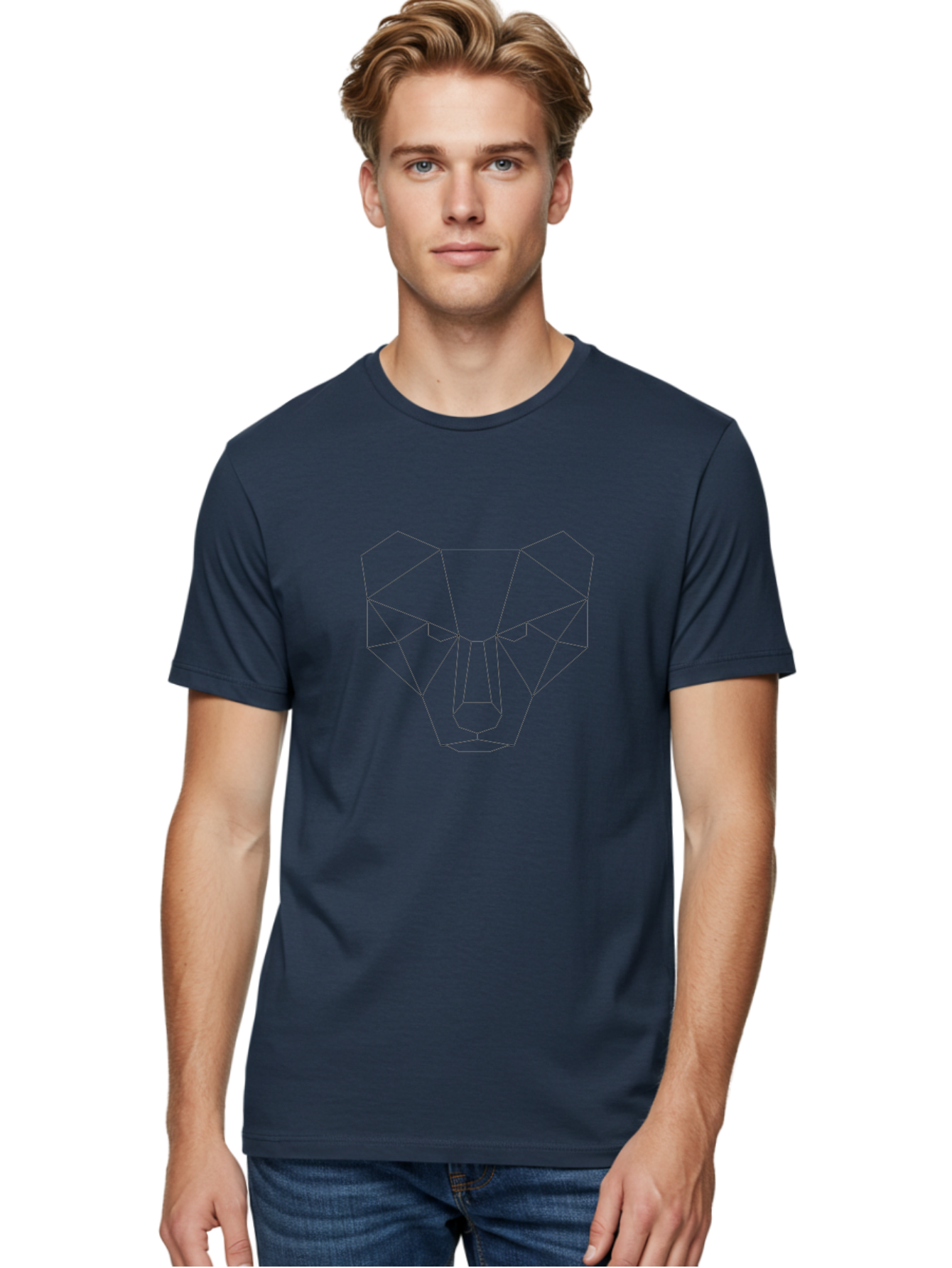 Geometric-Bear-Head Men'S Graphic Tee, 100% Cotton, Comfortable Casual Summer Wear, Machine Washable, Geometric Bear, Low Poly Art, Animal Face, Modern Design, Minimalist Style, Black Lines, Polygonal Shape, Abstract Representation, -  Aaa684