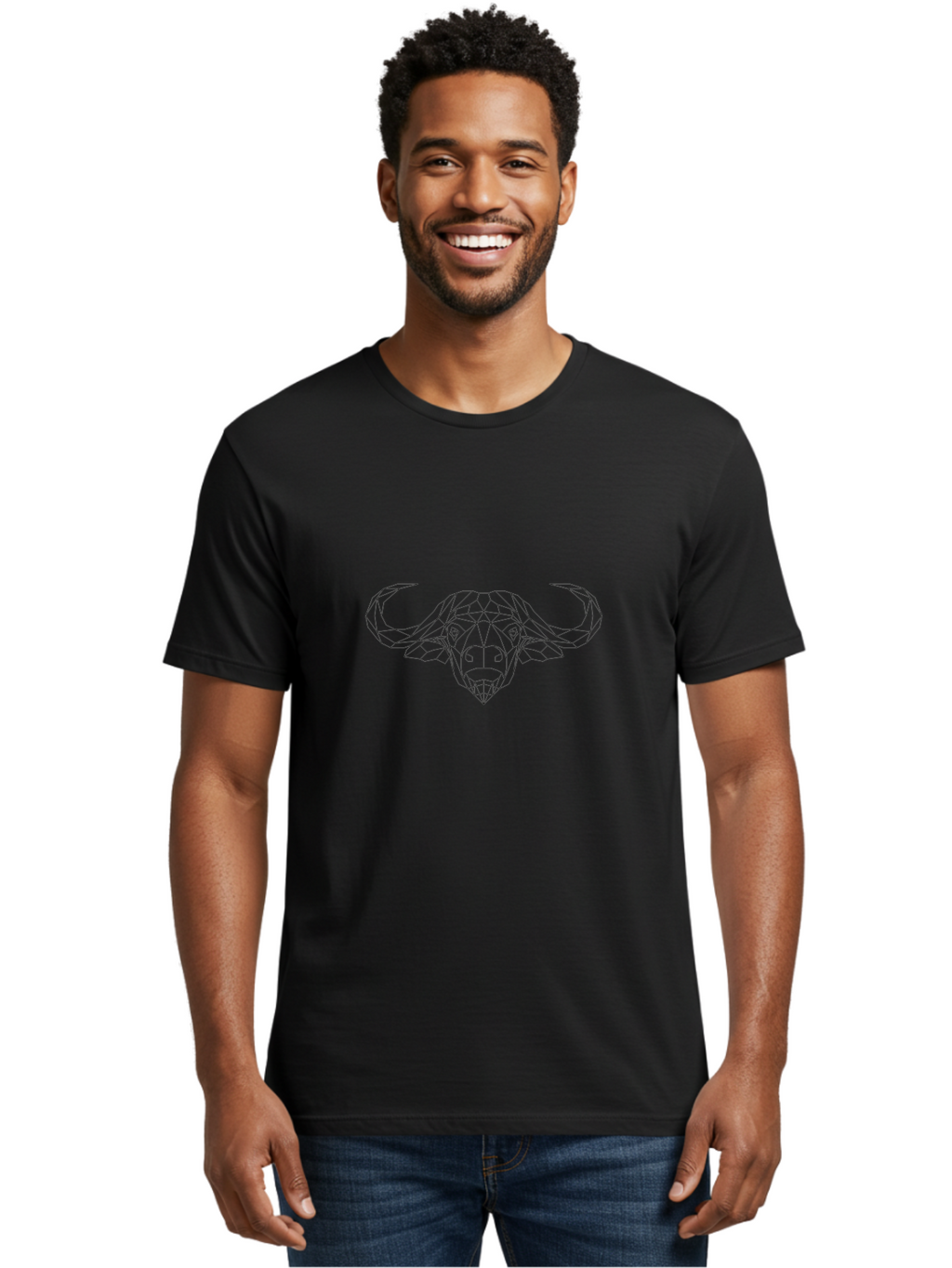 Geometric-Bull-Head Men'S Graphic Tee, 100% Cotton, Comfortable Casual Summer Wear, Machine Washable, Geometric Bull Head, Polygonal Art, Animal Design, Minimalist Style, Black And White Illustration, Modern Graphic, -  Aaa685