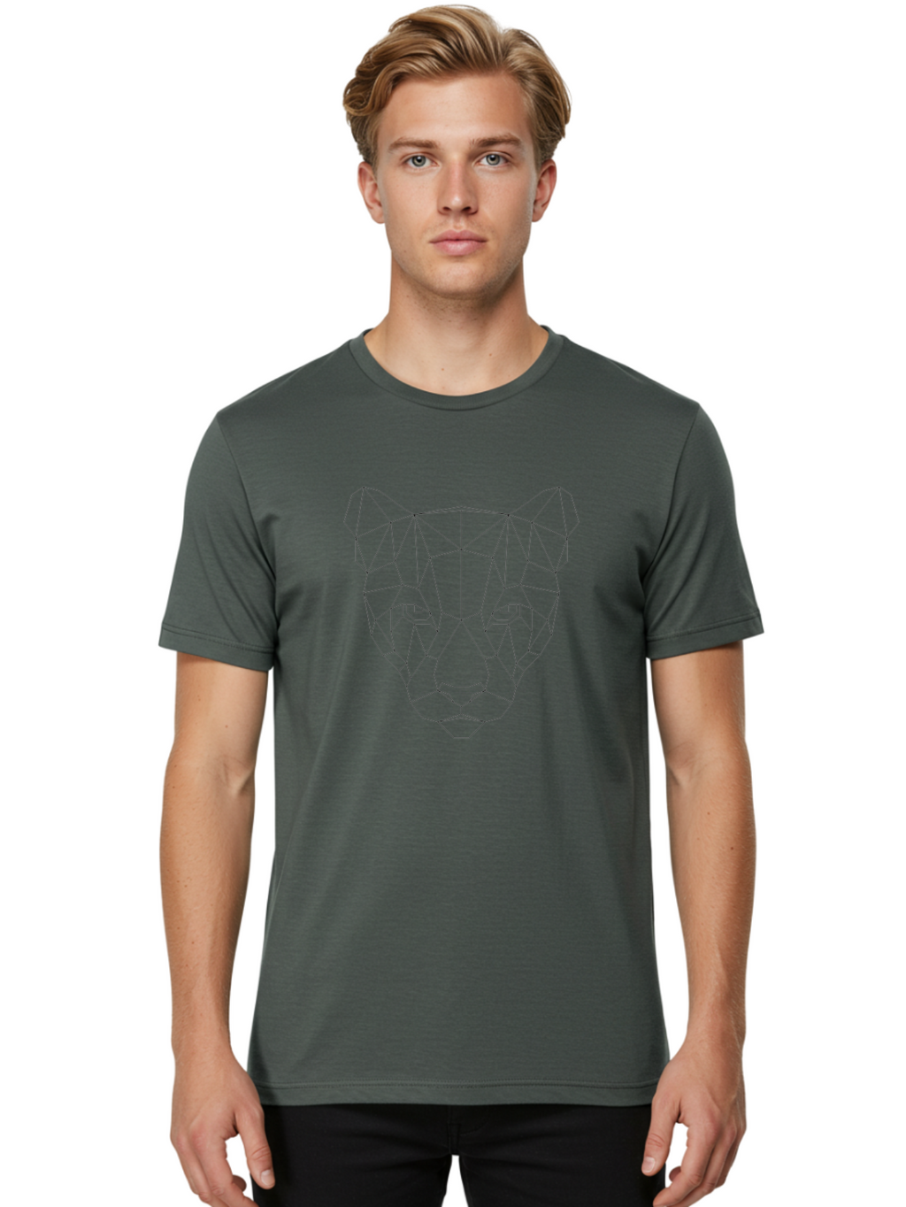 Geometric-Cat-2 Men'S Graphic Tee, 100% Cotton, Comfortable Casual Summer Wear, Machine Washable, Geometric Panther, Low Poly Art, Minimalist Design, Modern Illustration, Black Outline, Wild Cat, Polygon Shapes, Abstract Animal, -  Aaa687
