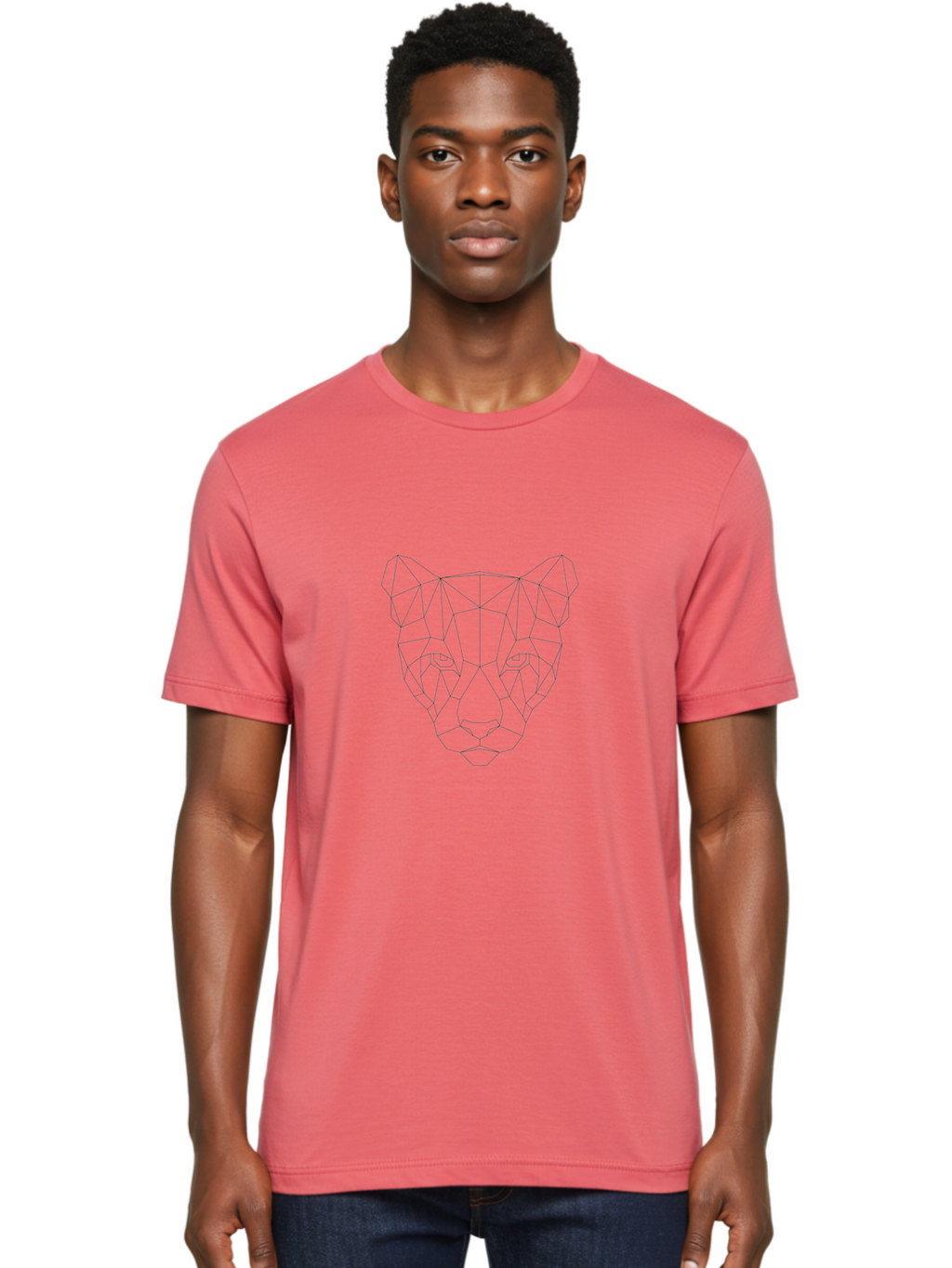 Geometric-Cat-2 Men'S Graphic Tee, 100% Cotton, Comfortable Casual Summer Wear, Machine Washable, Geometric Panther, Low Poly Art, Minimalist Design, Modern Illustration, Black Outline, Wild Cat, Polygon Shapes, Abstract Animal, -  Aaa687
