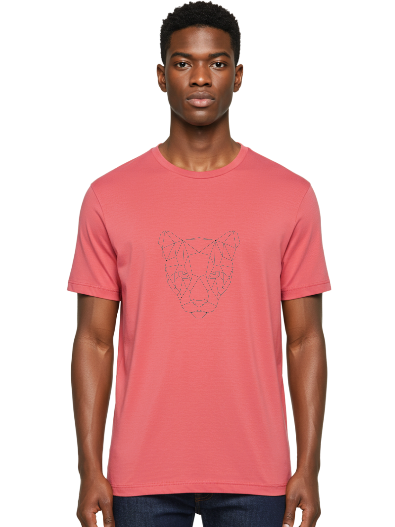 Geometric-Cat-2 Men'S Graphic Tee, 100% Cotton, Comfortable Casual Summer Wear, Machine Washable, Geometric Panther, Low Poly Art, Minimalist Design, Modern Illustration, Black Outline, Wild Cat, Polygon Shapes, Abstract Animal, -  Aaa687