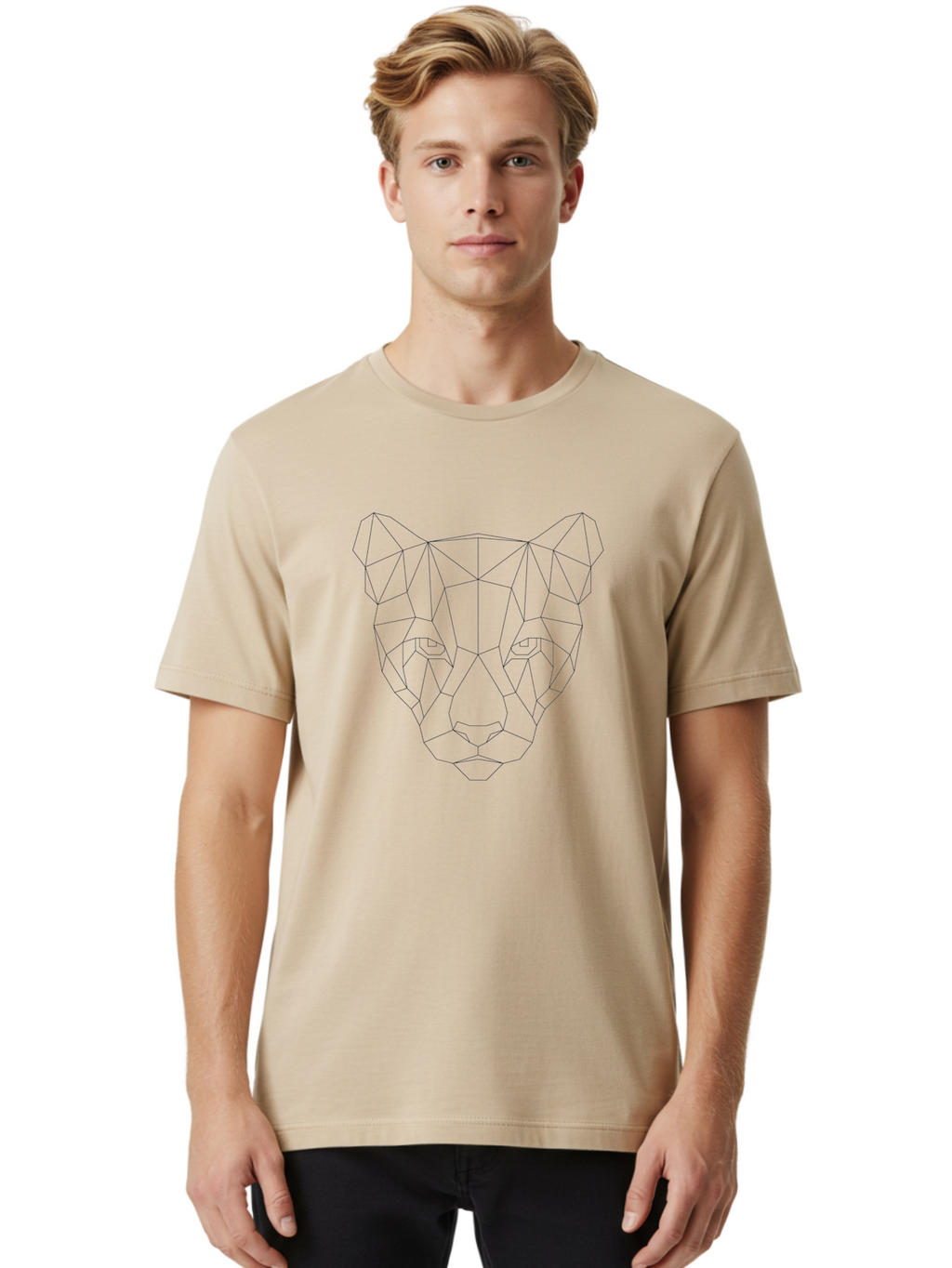 Geometric-Cat-2 Men'S Graphic Tee, 100% Cotton, Comfortable Casual Summer Wear, Machine Washable, Geometric Panther, Low Poly Art, Minimalist Design, Modern Illustration, Black Outline, Wild Cat, Polygon Shapes, Abstract Animal, -  Aaa687