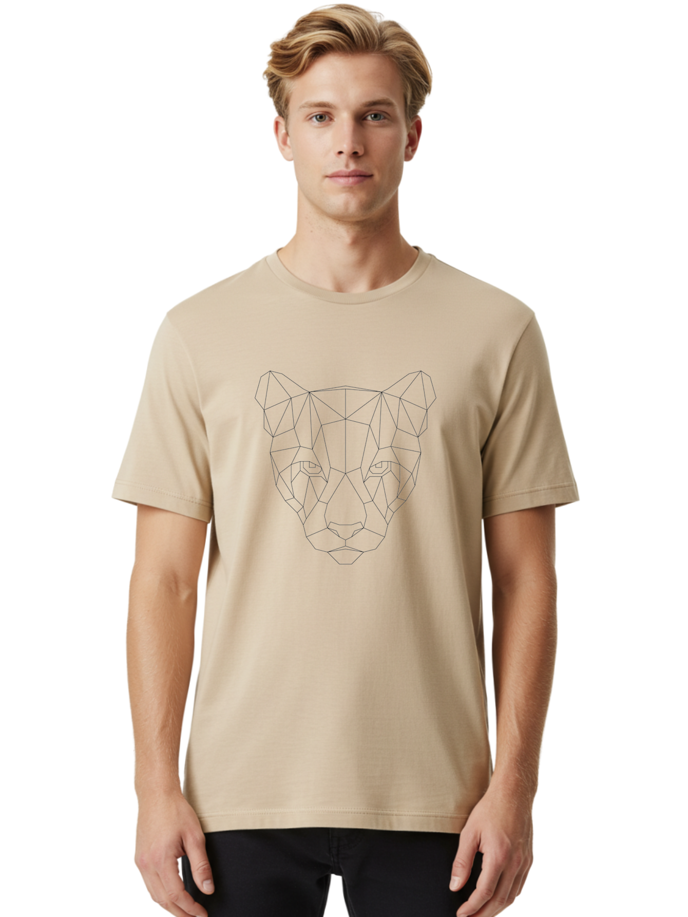 Geometric-Cat-2 Men'S Graphic Tee, 100% Cotton, Comfortable Casual Summer Wear, Machine Washable, Geometric Panther, Low Poly Art, Minimalist Design, Modern Illustration, Black Outline, Wild Cat, Polygon Shapes, Abstract Animal, -  Aaa687