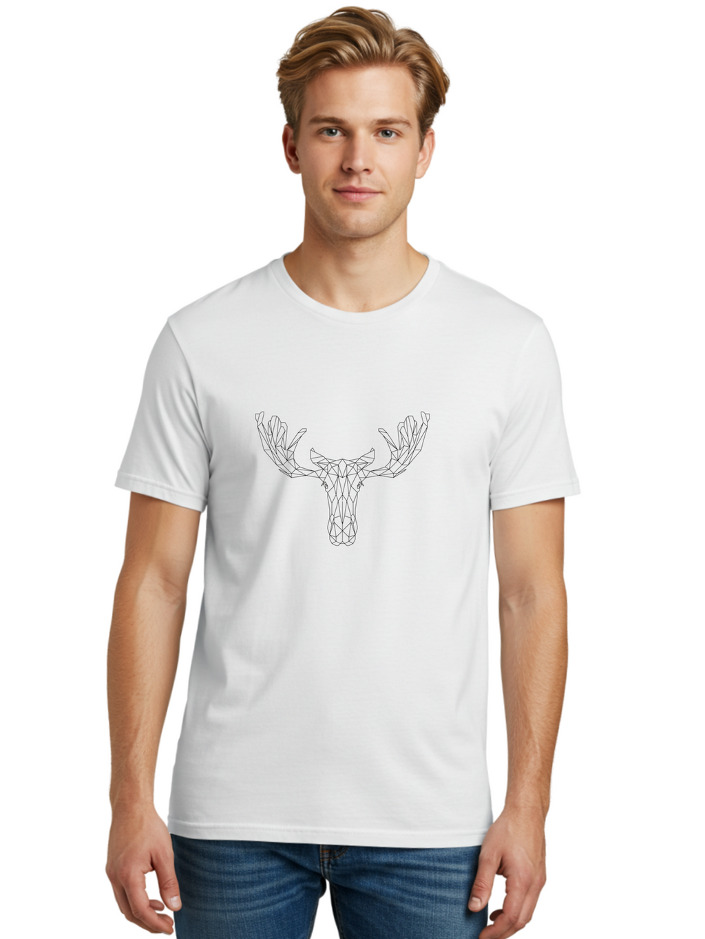 Geometric-Deer-Head-1 Men'S Graphic Tee, 100% Cotton, Comfortable Casual Summer Wear, Machine Washable, Geometric Moose, Minimalist Art, Abstract Animal Design, Low Poly Style, Modern Wildlife Illustration, Black And White Graphics, -  Aaa692