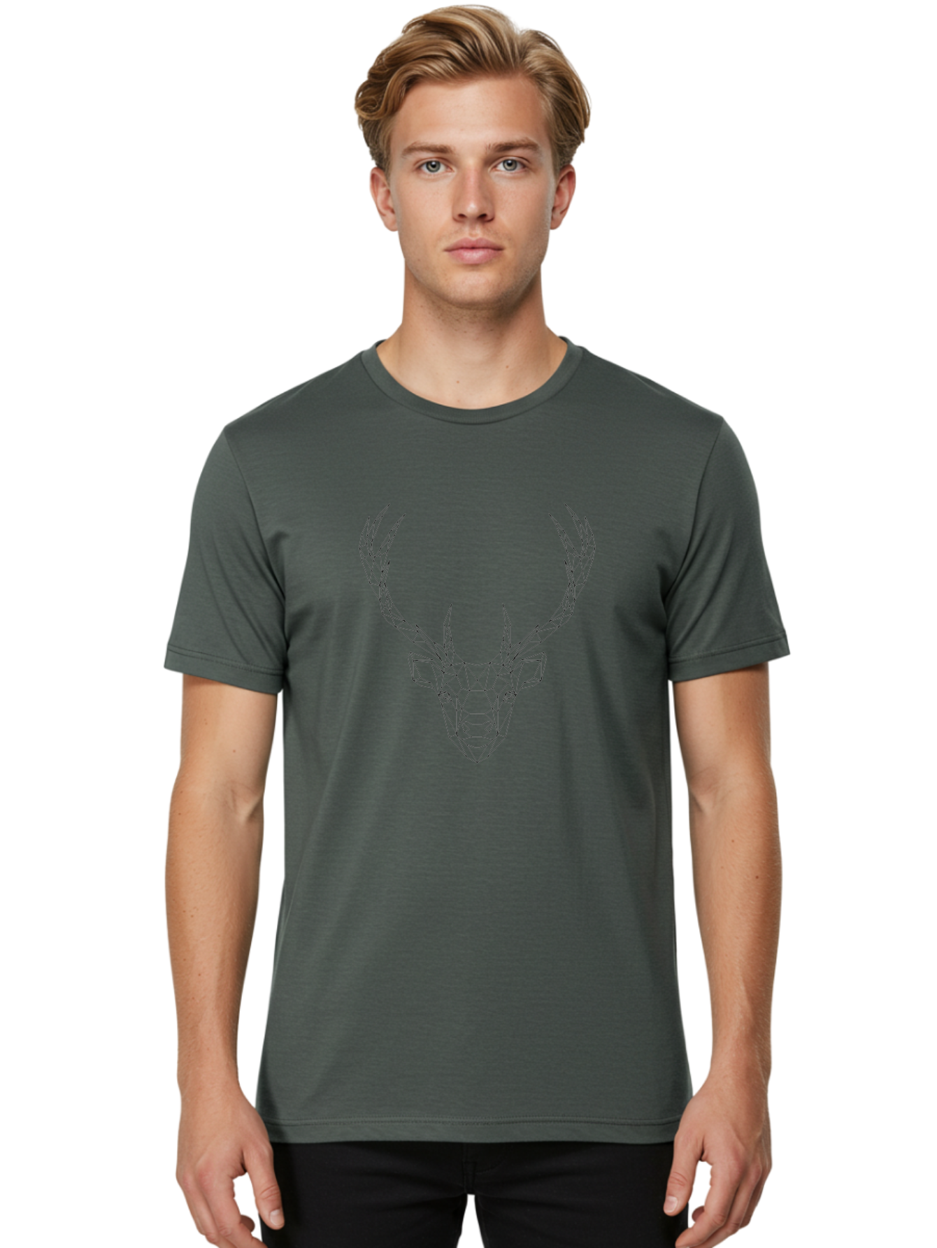 Geometric-Deer-Head Men'S Graphic Tee, 100% Cotton, Comfortable Casual Summer Wear, Machine Washable, Geometric Deer Head, Polygonal Art, Minimalist Design, Black And White Illustration, Wildlife Art, Abstract Animal Portrait, -  Aaa693