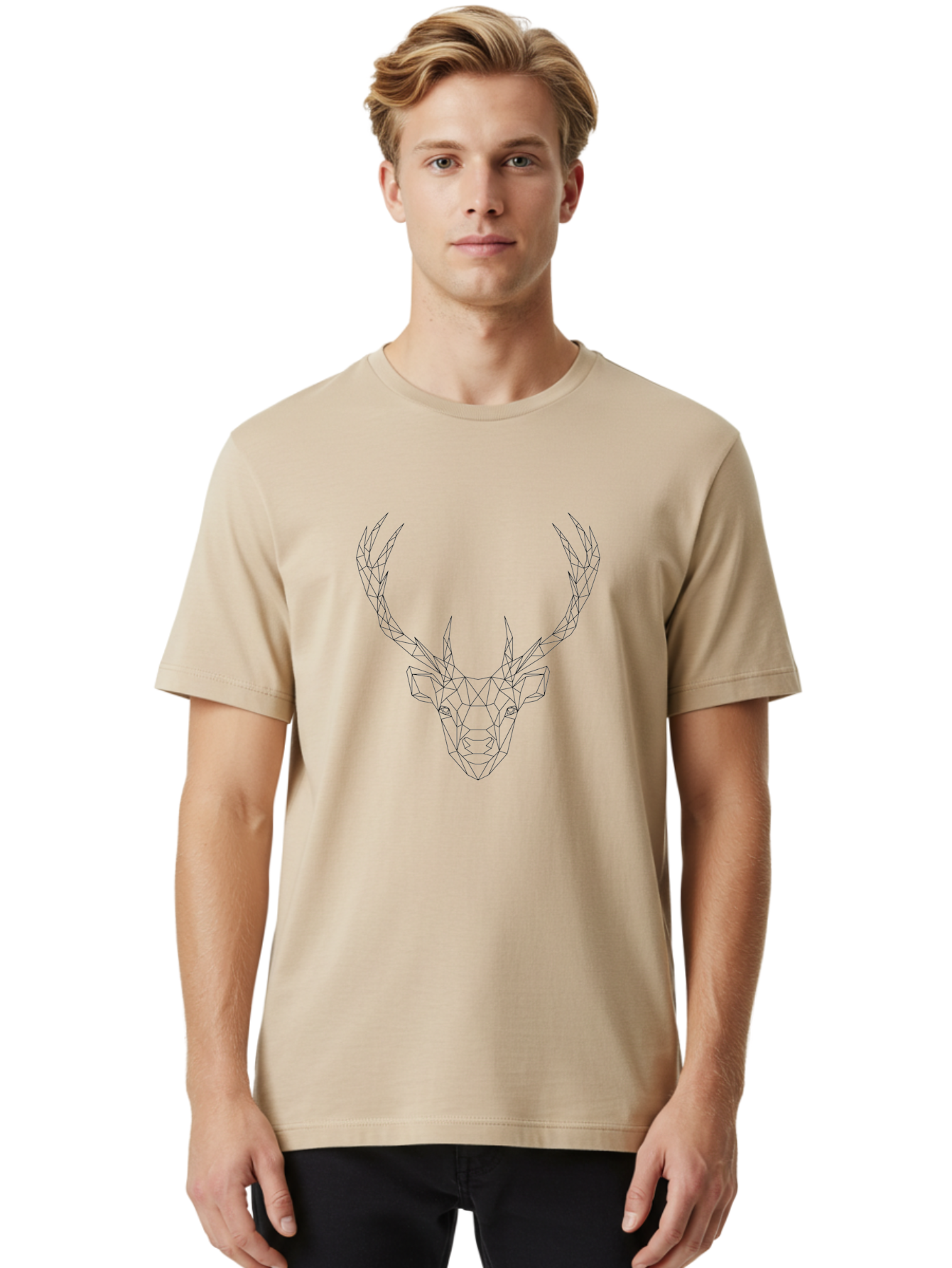 Geometric-Deer-Head Men'S Graphic Tee, 100% Cotton, Comfortable Casual Summer Wear, Machine Washable, Geometric Deer Head, Polygonal Art, Minimalist Design, Black And White Illustration, Wildlife Art, Abstract Animal Portrait, -  Aaa693