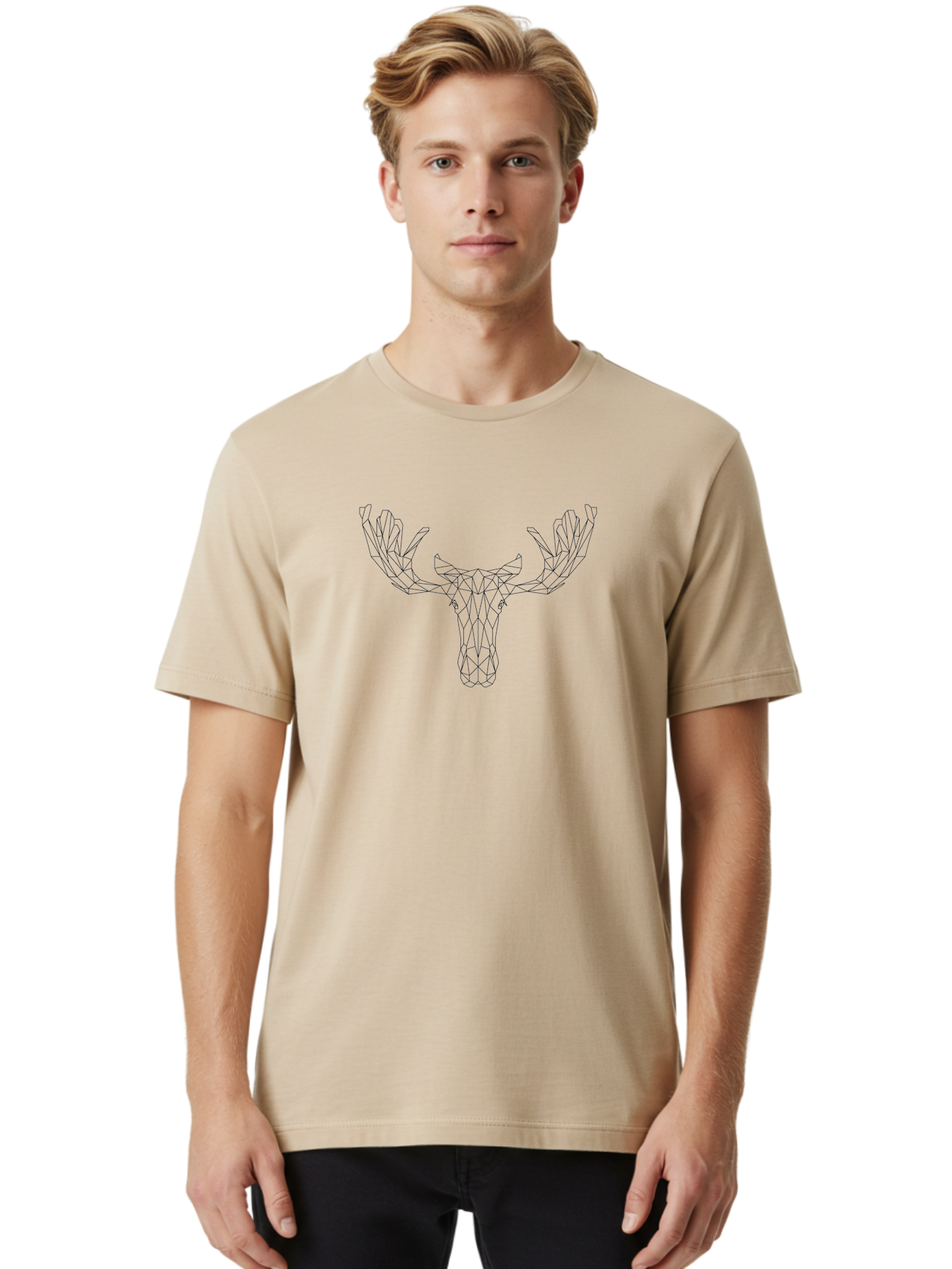 Geometric-Moose-Head Men'S Graphic Tee, 100% Cotton, Comfortable Casual Summer Wear, Machine Washable, Geometric Moose Head, Low Poly Art, Wireframe Design, Minimalist Style, Modern Graphics, Animal Illustration, Abstract Art -  Aaa707