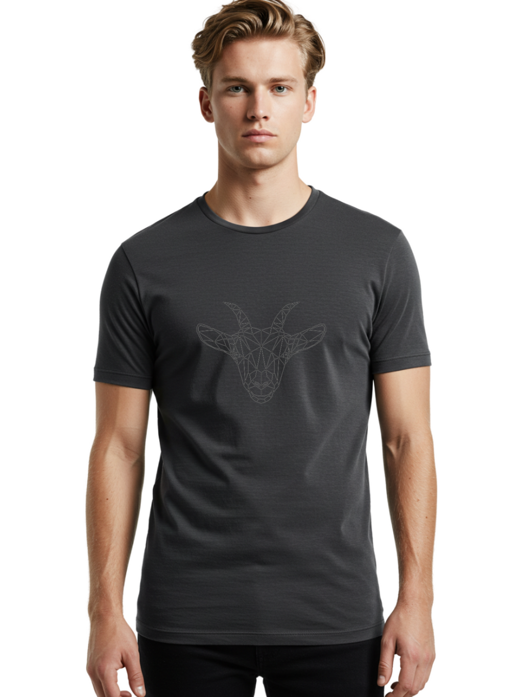Goat-Head Men'S Graphic Tee, 100% Cotton, Comfortable Casual Summer Wear, Machine Washable, Geometric Goat Head, Polygonal Art, Wireframe Design, Abstract Animal, Modern Illustration, Futuristic Style, Minimalist Graphics, Digital Art -  Aaa720