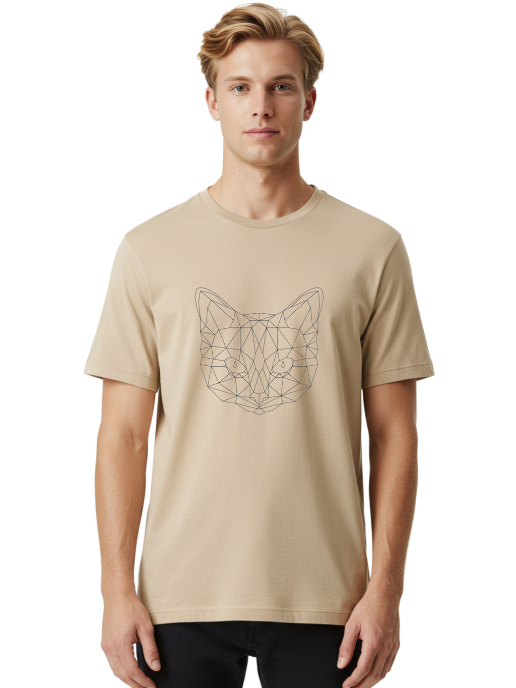 Low-Poly-Cat-Face Men'S Graphic Tee, 100% Cotton, Comfortable Casual Summer Wear, Machine Washable, Low-Poly Cat Face, Geometric Cat Design, Minimalist Cat Illustration, Modern Cat Art, Cat Face Outline, Polygonal Cat Shape, Cat Eyes, -  Aaa725