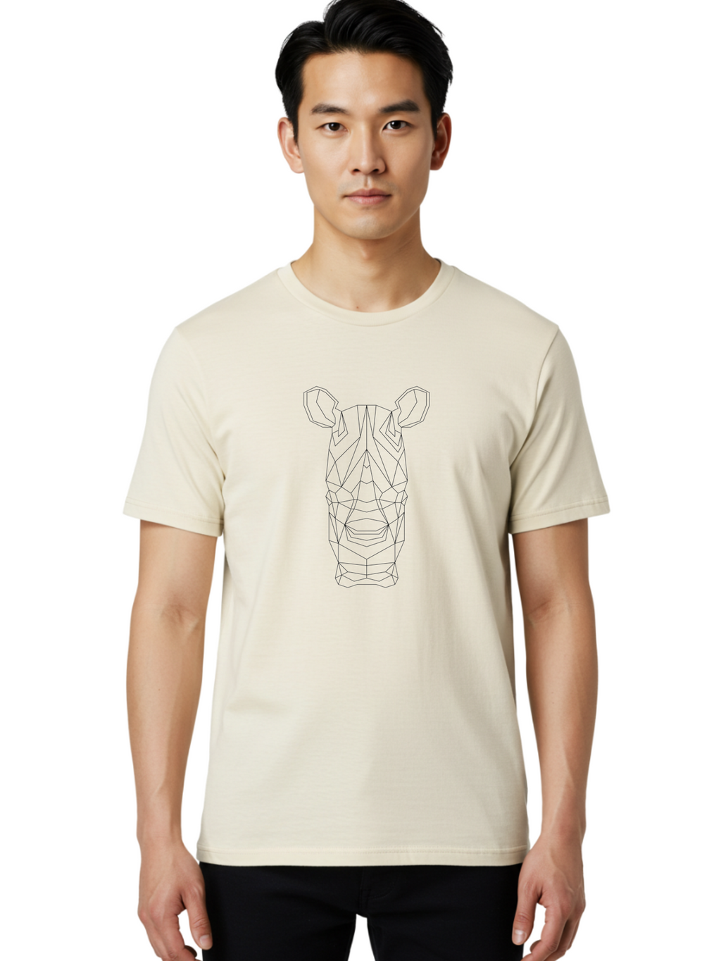 Rhino-Head Men'S Graphic Tee, 100% Cotton, Comfortable Casual Summer Wear, Machine Washable, Rhinoceros Illustration, Wireframe Design, Geometric Facets, Black Outline, Abstract Art, Wildlife Graphics, Polygon Mesh, Minimalist Style, -  Aaa736