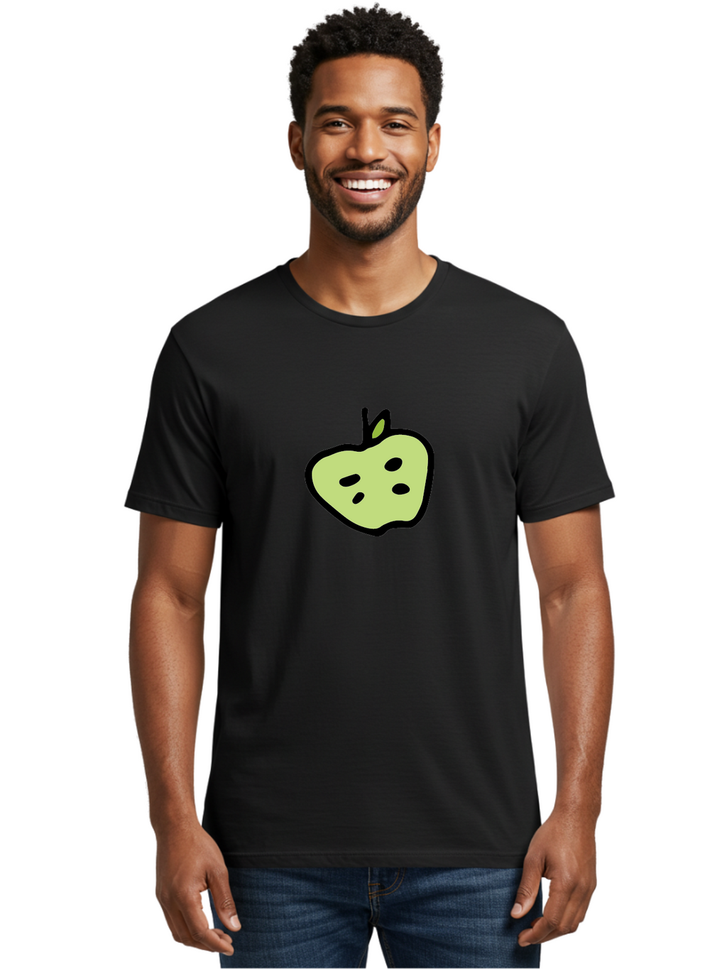 Apple Men'S Graphic Tee, 100% Cotton, Comfortable Casual Summer Wear, Machine Washable, Cartoon Apple, Simple Illustration, Green Apple, Black Outline, Leafy Stem, Seeded Fruit, Digital Art, Cute Design -  Aaa740
