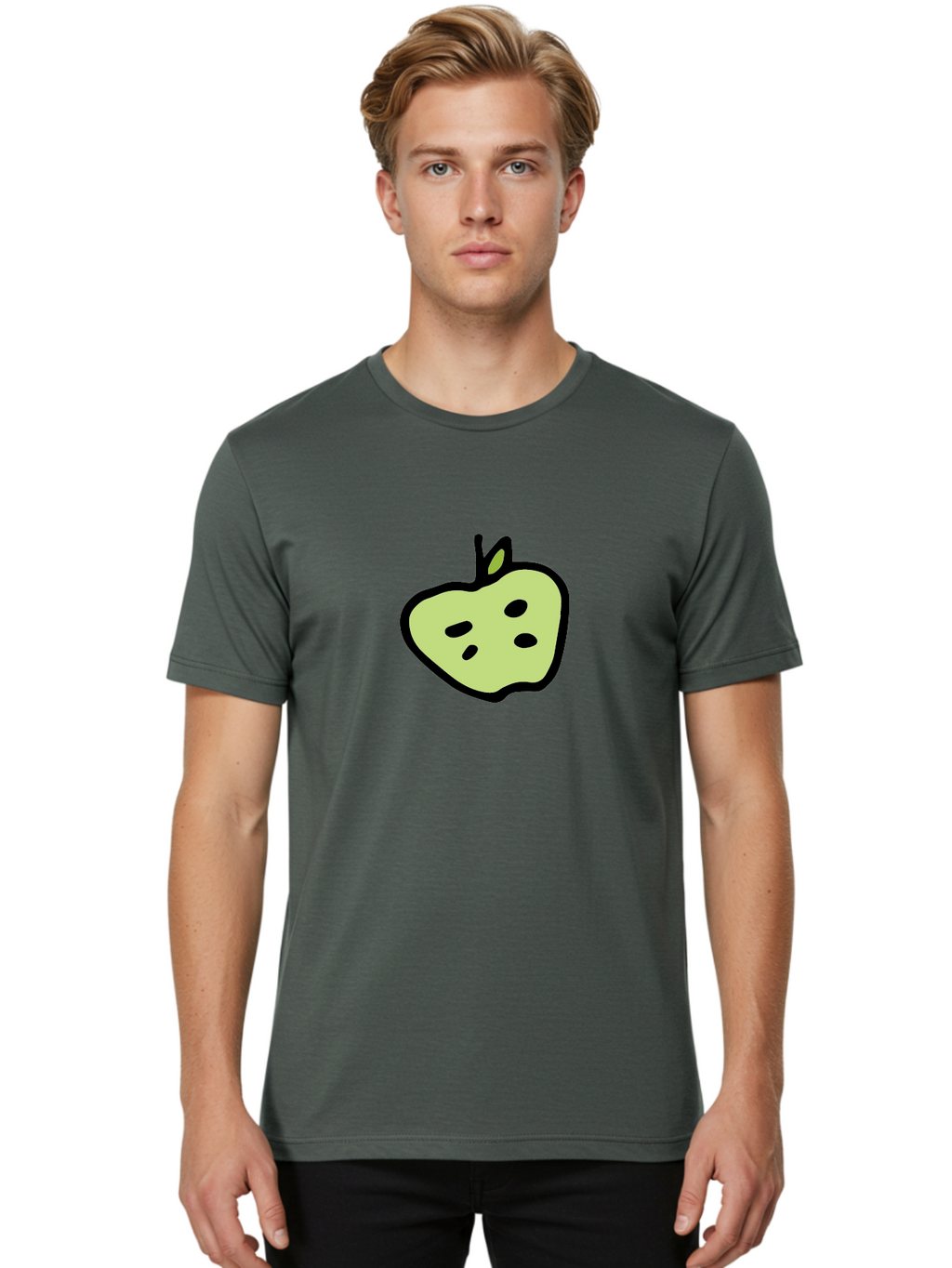 Apple Men'S Graphic Tee, 100% Cotton, Comfortable Casual Summer Wear, Machine Washable, Cartoon Apple, Simple Illustration, Green Apple, Black Outline, Leafy Stem, Seeded Fruit, Digital Art, Cute Design -  Aaa740